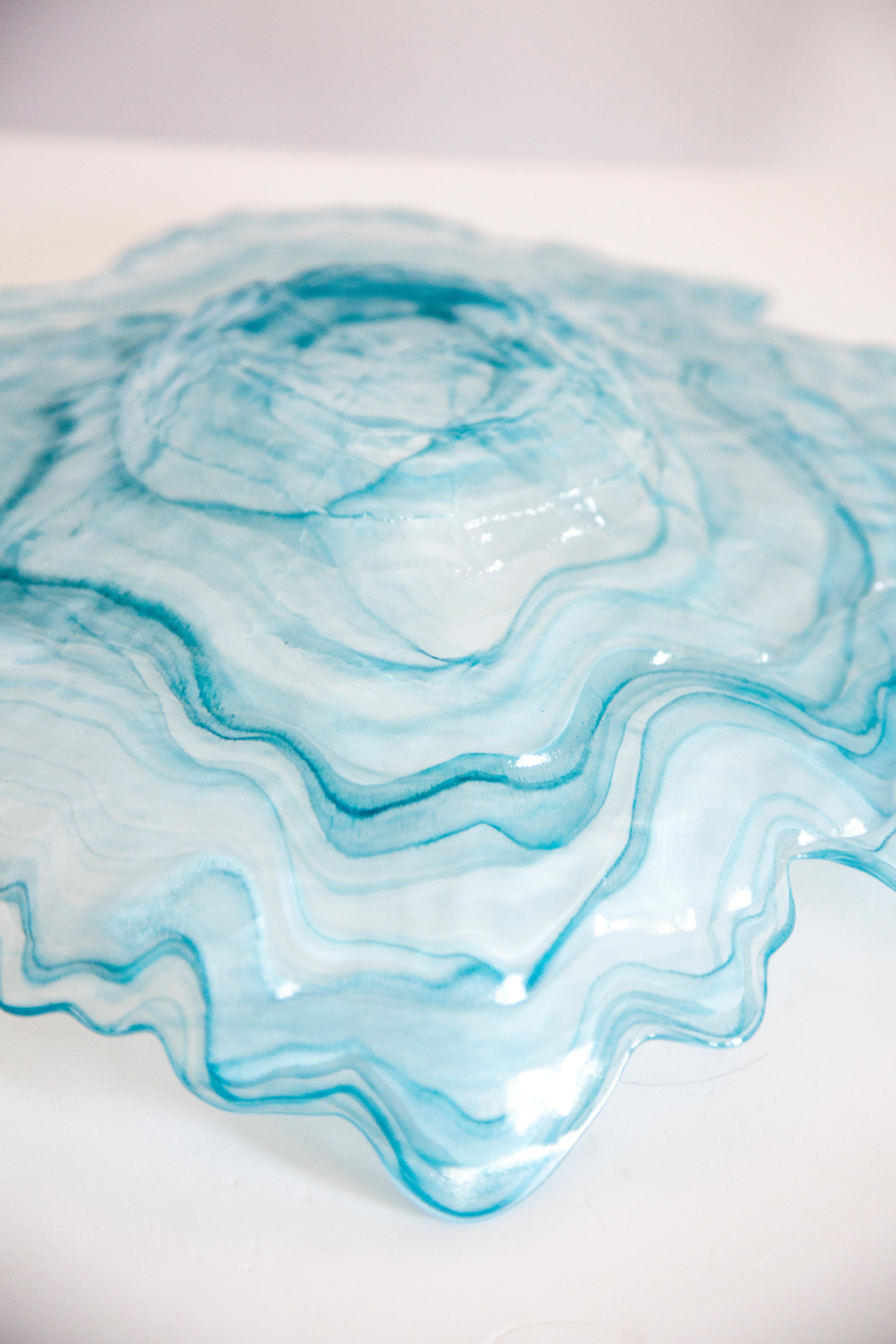 Mid Century Style Murano Glass Big White and Acqua Blue Green Bowl, Italy, 2000s For Sale 6