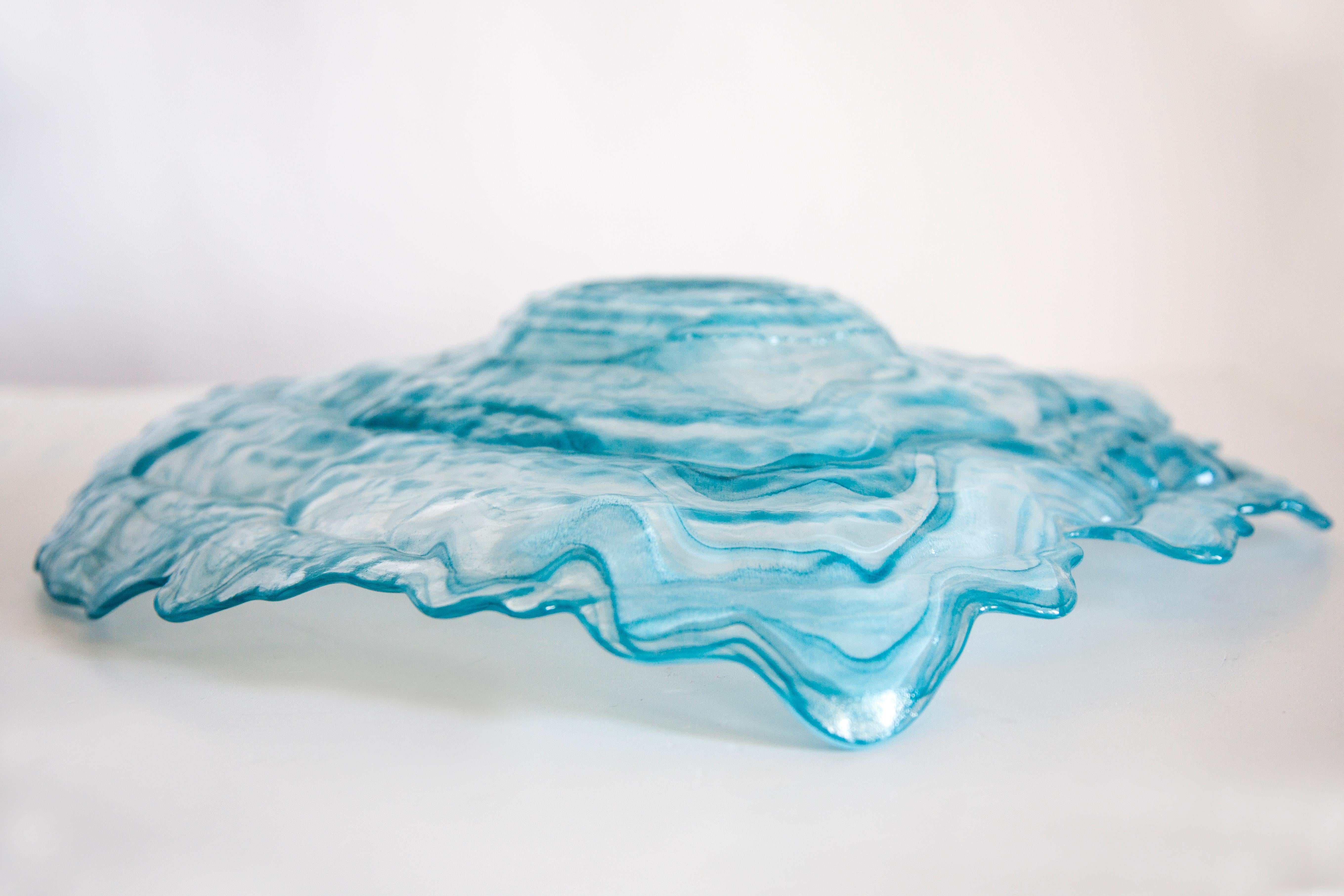Mid Century Style Murano Glass Big White and Acqua Blue Green Bowl, Italy, 2000s For Sale 7