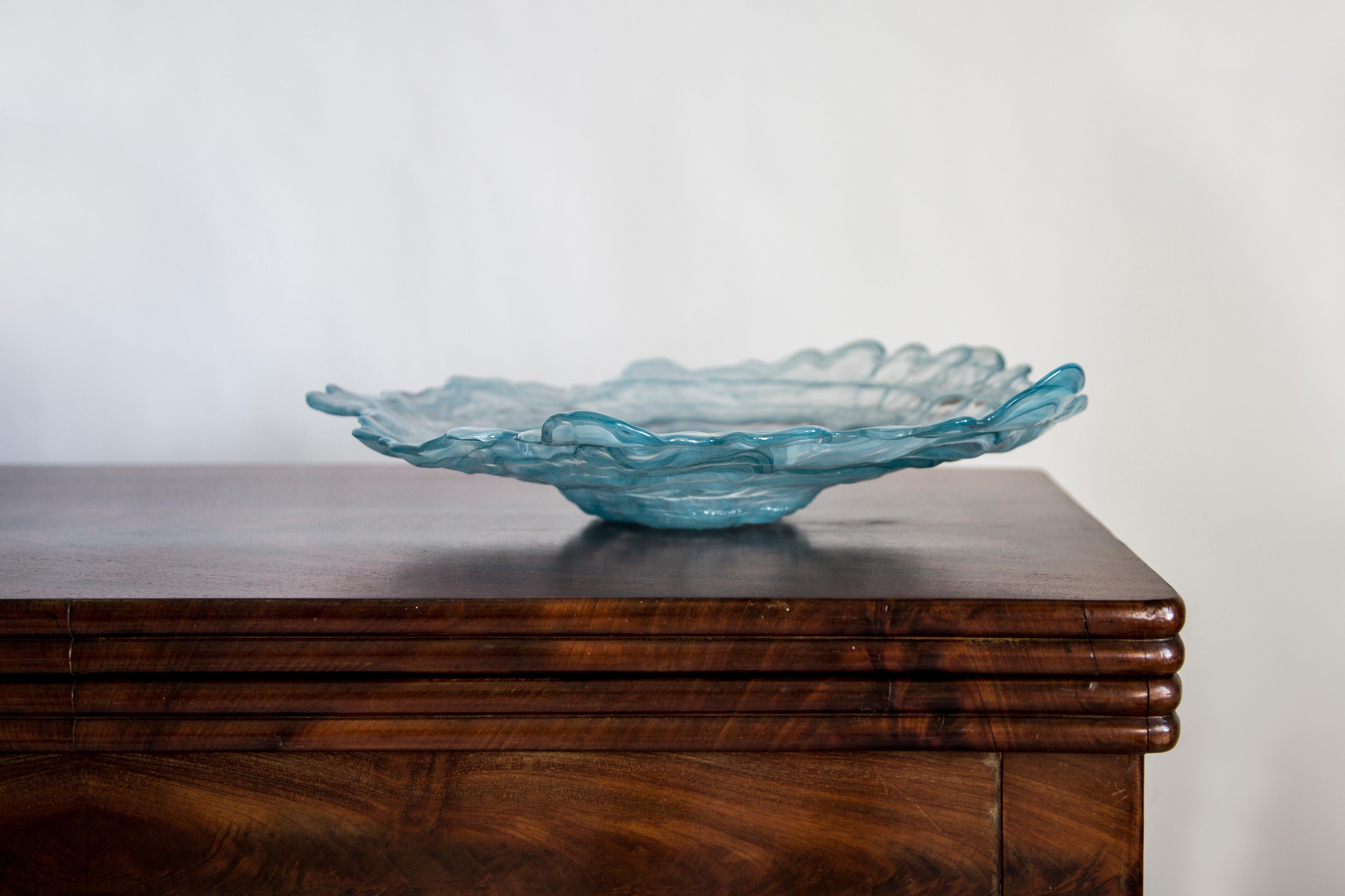 Italian Mid Century Style Murano Glass Big White and Acqua Blue Green Bowl, Italy, 2000s For Sale