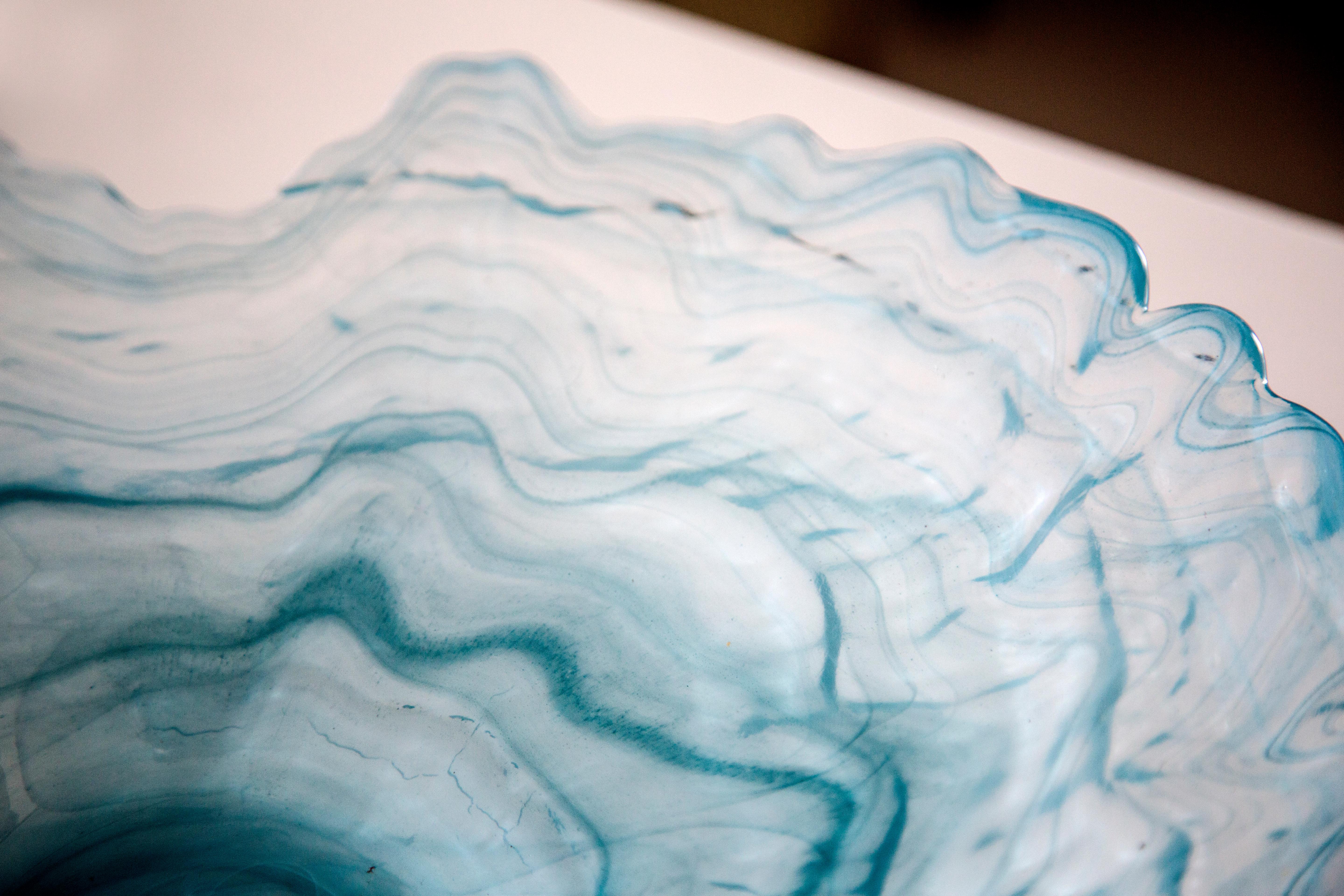 Mid Century Style Murano Glass Big White and Acqua Blue Green Bowl, Italy, 2000s For Sale 1