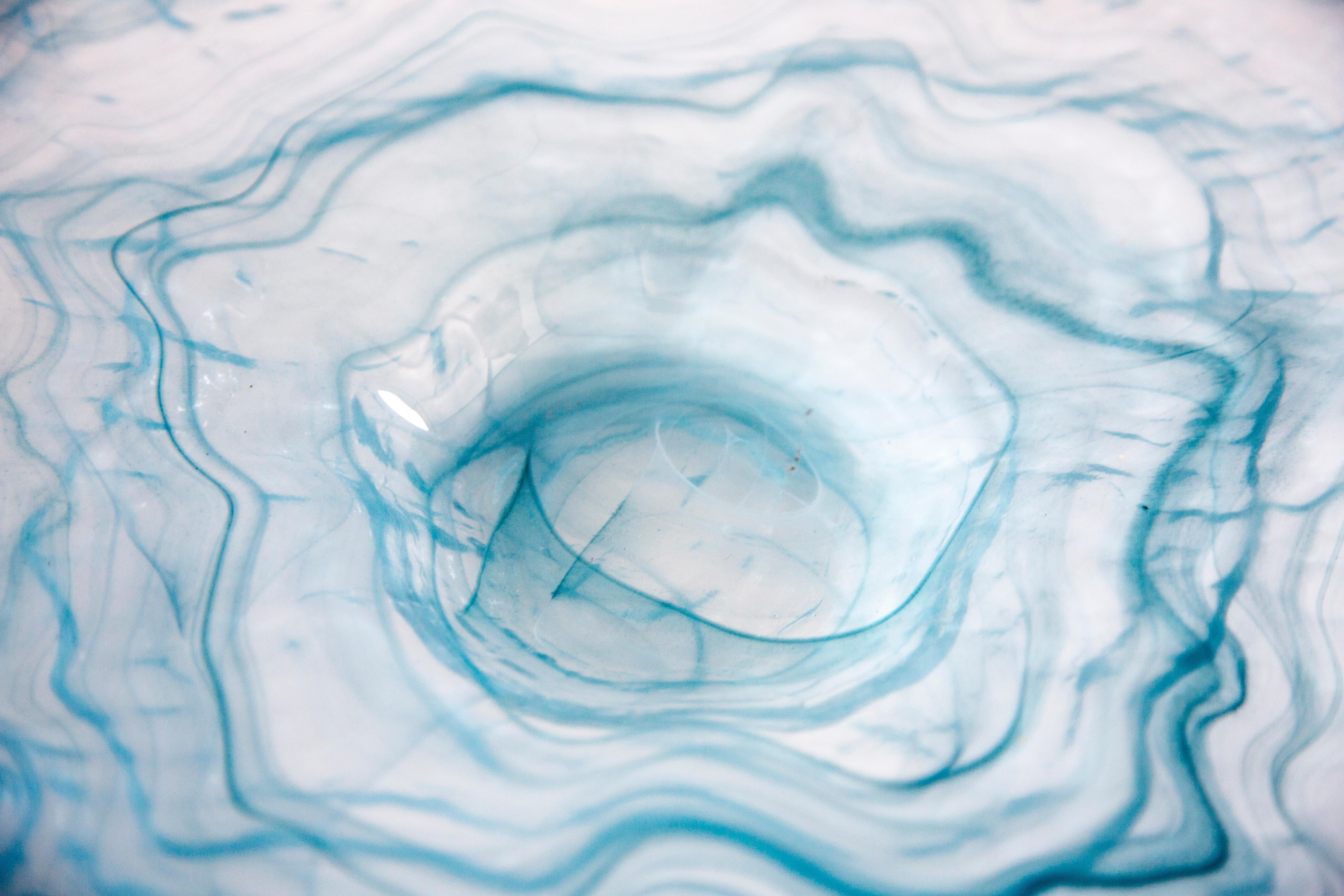 Mid Century Style Murano Glass Big White and Acqua Blue Green Bowl, Italy, 2000s For Sale 2