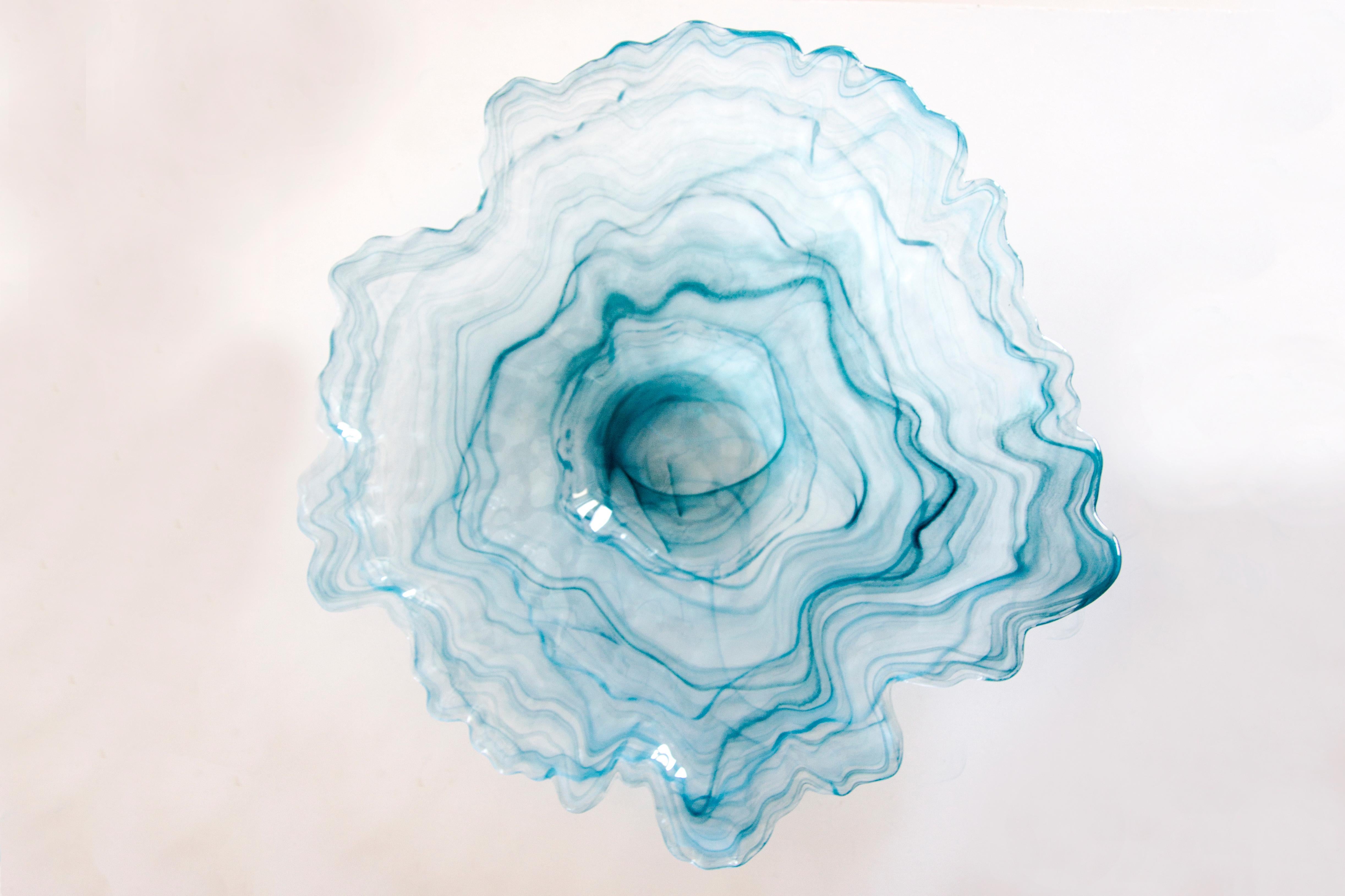 Mid Century Style Murano Glass Big White and Acqua Blue Green Bowl, Italy, 2000s For Sale 3