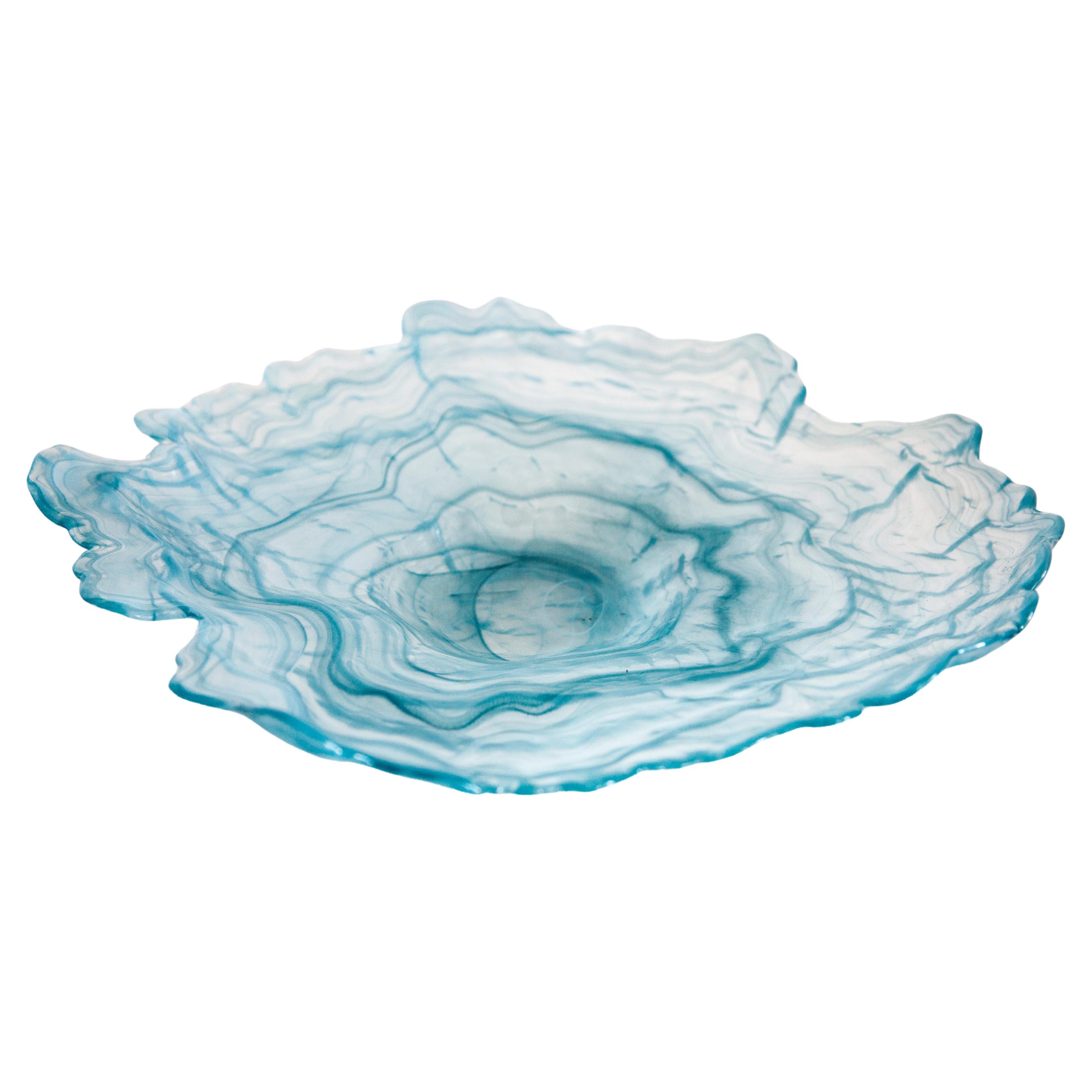 Mid Century Style Murano Glass Big White and Acqua Blue Green Bowl, Italy, 2000s