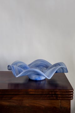 Mid Century Style Murano Glass Big White and Blue Bowl, Italy, 2000s