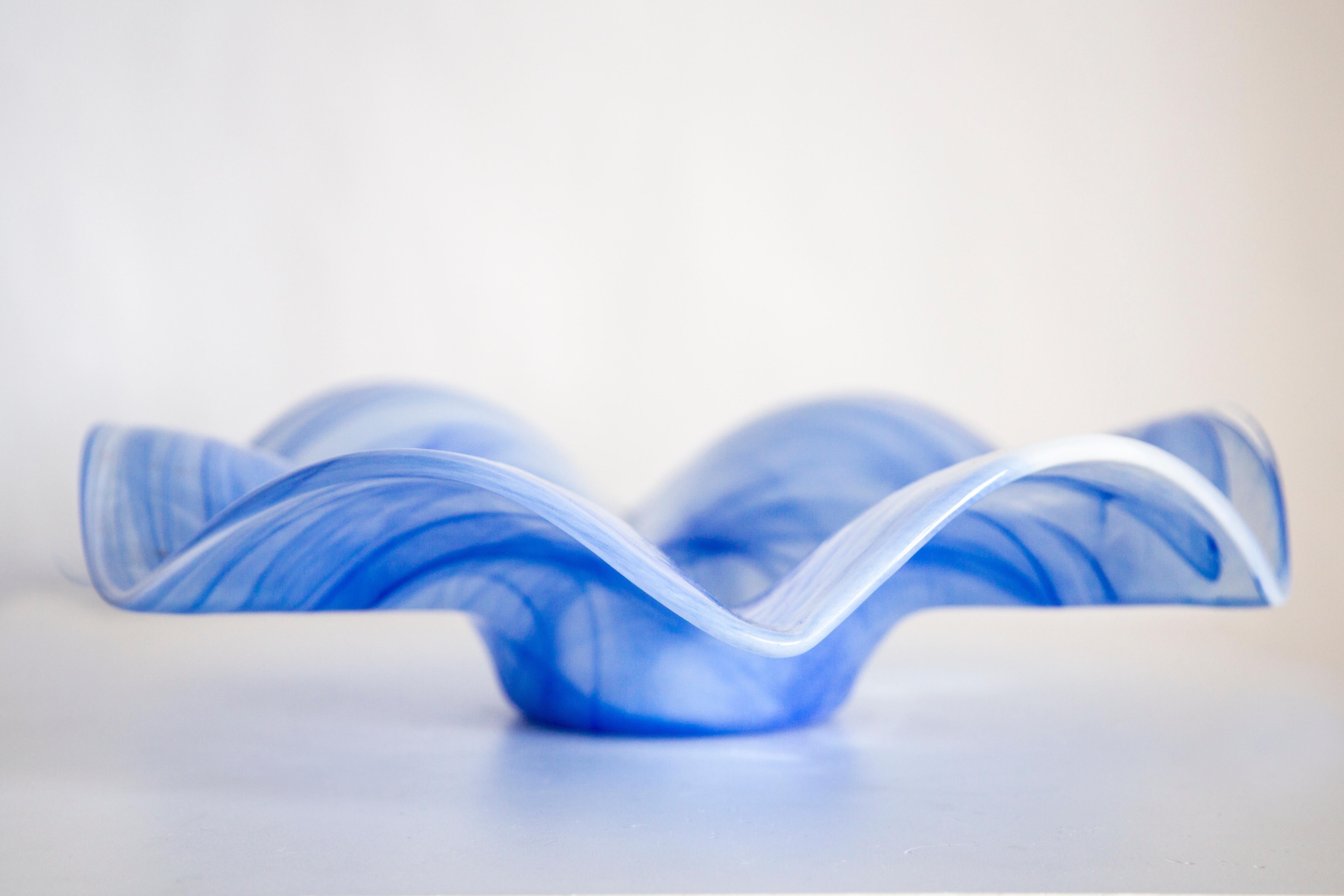 Italian Mid Century Style Murano Glass Big White and Blue Bowl, Italy, 2000s For Sale