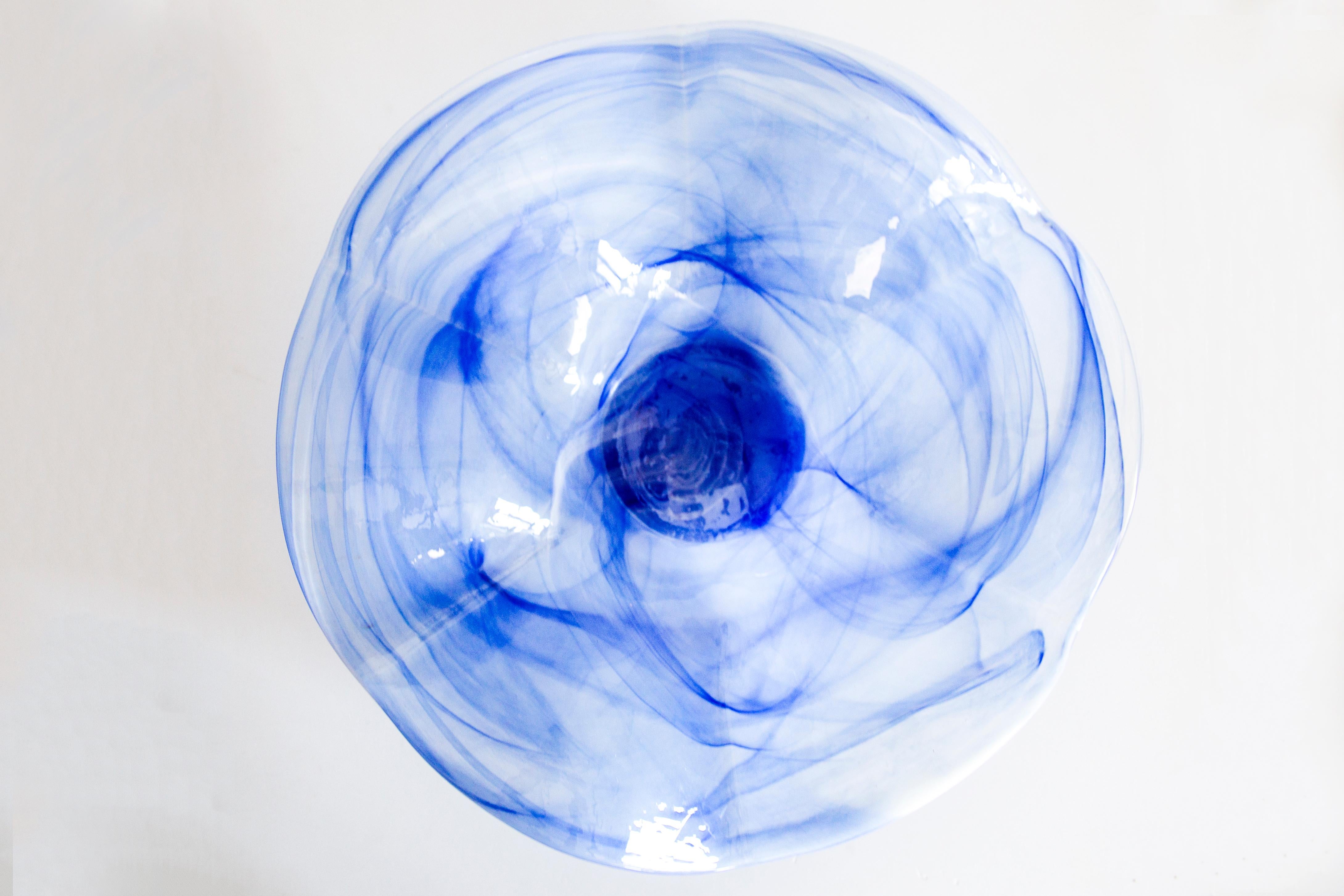 20th Century Mid Century Style Murano Glass Big White and Blue Bowl, Italy, 2000s For Sale
