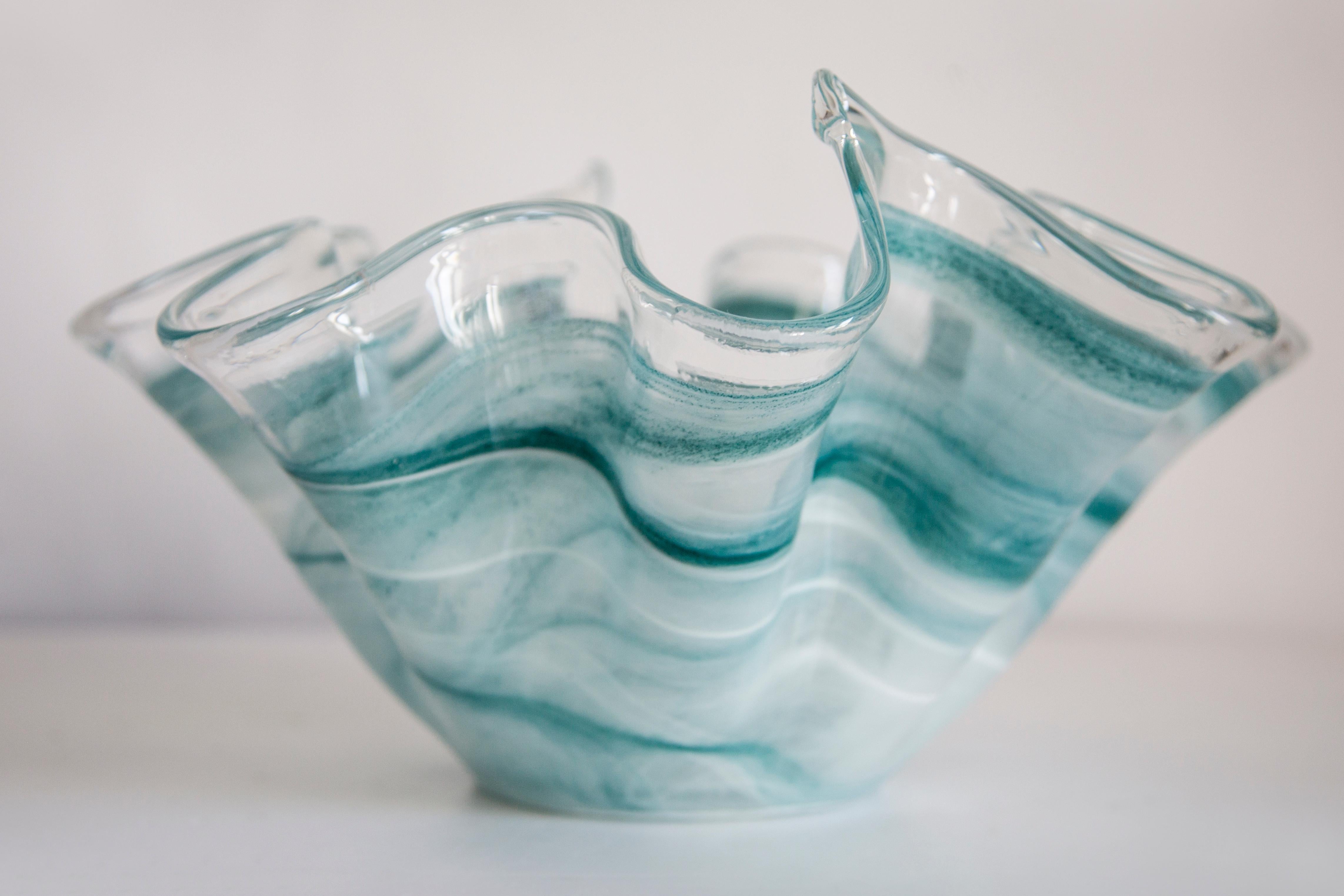 Mid Century Style Murano Glass Medium Acqua Blue Green Bowl, Italy, 2000s For Sale 1