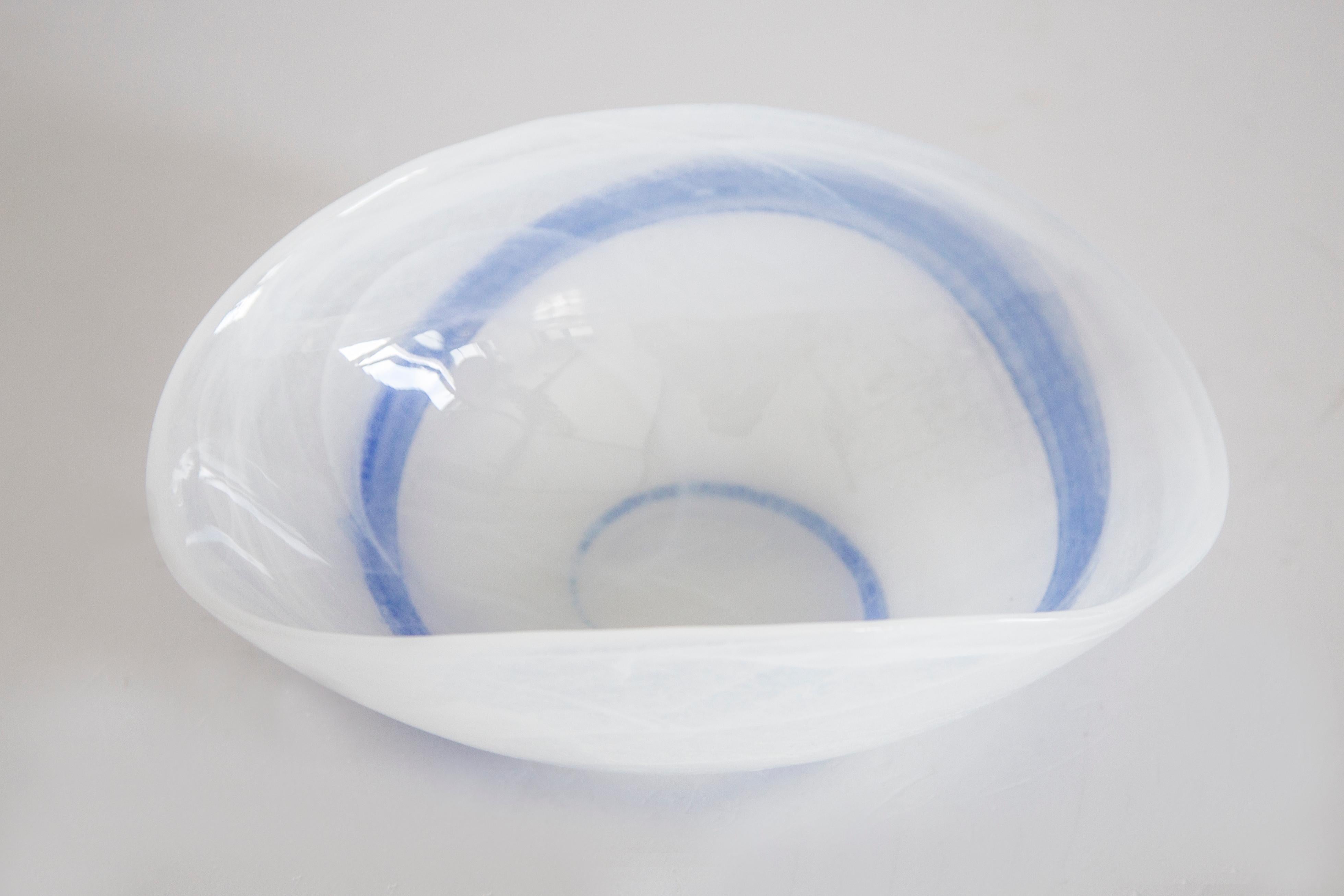 Crystal Mid Century Style Murano Glass Small Blue and White Bowl, Italy, 2000s For Sale