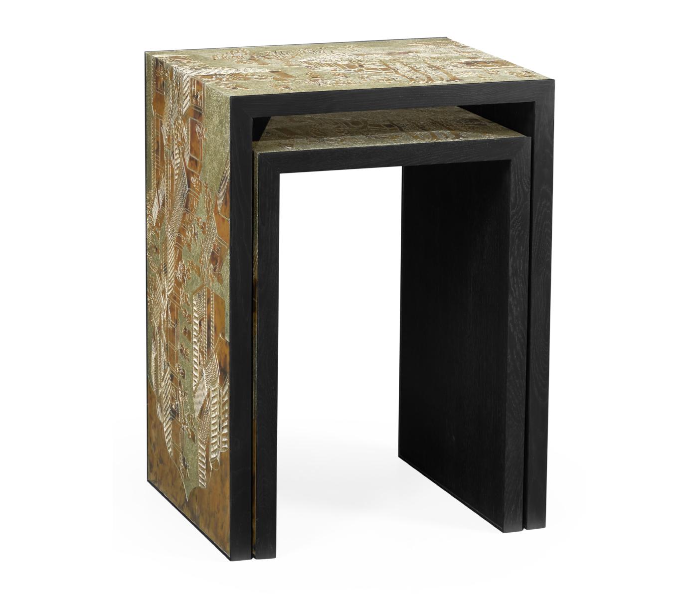 A midcentury style chinoiserie antiqued etched brass and ebonized oak nesting tables.
Inspired by the fantastic works of art of Philip and Kelvin LaVerne.

Dimensions: 16.25