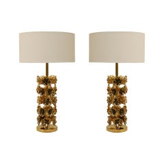 Mid Century Modern Italian Table Lamps with Hand-Carved Brass, Floral Motifs