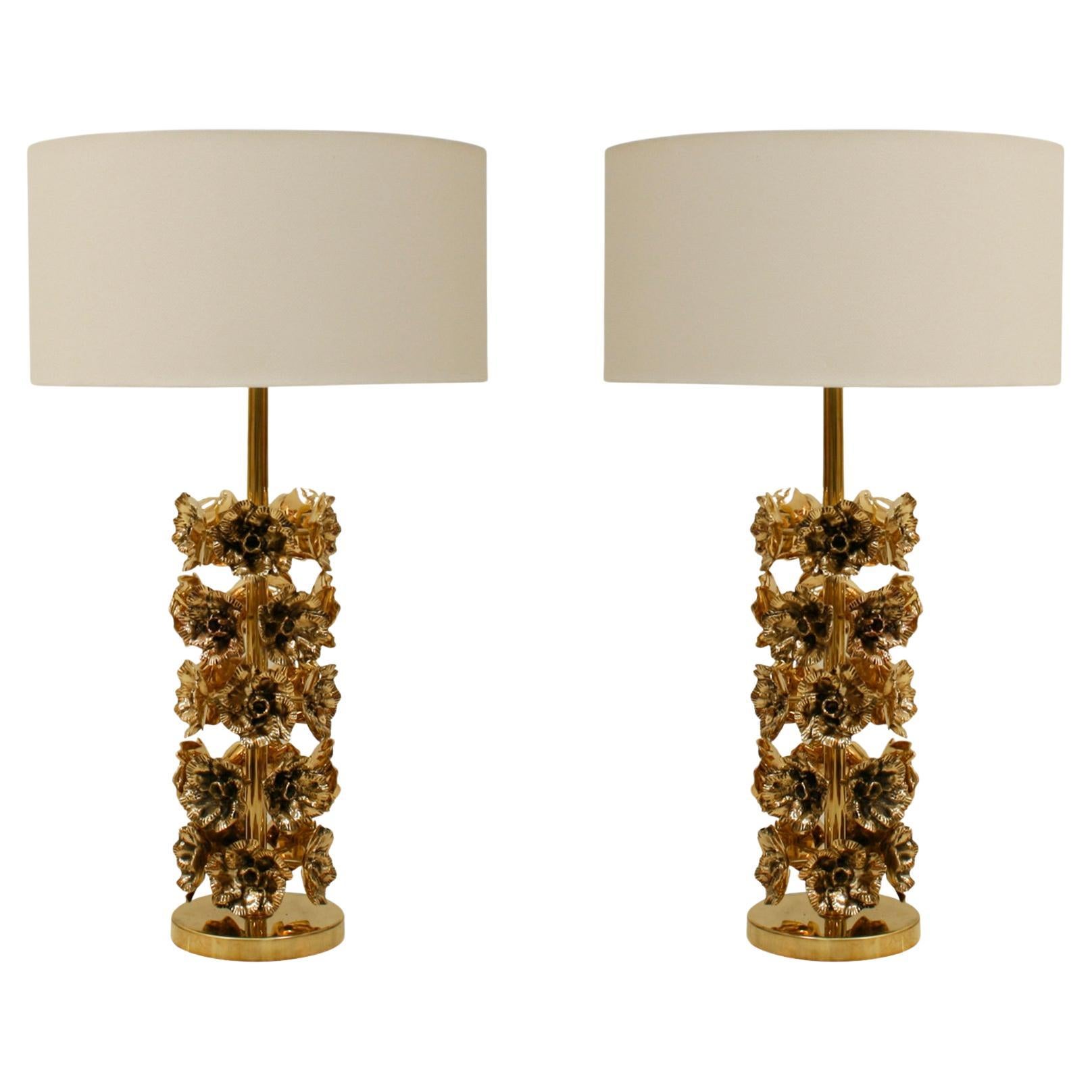 Mid Century Modern Italian Table Lamps with Hand-Carved Brass, Floral Motifs