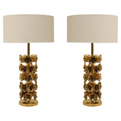 Mid Century Modern Italian Table Lamps with Hand-Carved Brass, Floral Motifs
