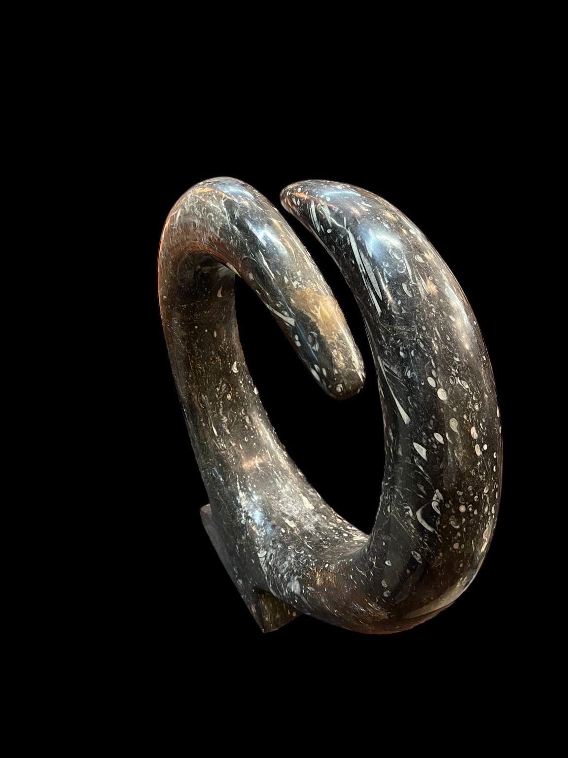 Limestone Mid Century Style Polished Orthoceras Fossil Sculpture For Sale