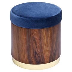 Mid-century style - Round Upholstered Pouf LUNE A in Velvet, Ironwood & Brass