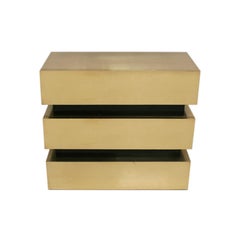 Mid Century Style Solid Wood, Brass and Black Glass Pair of Italian Commodes