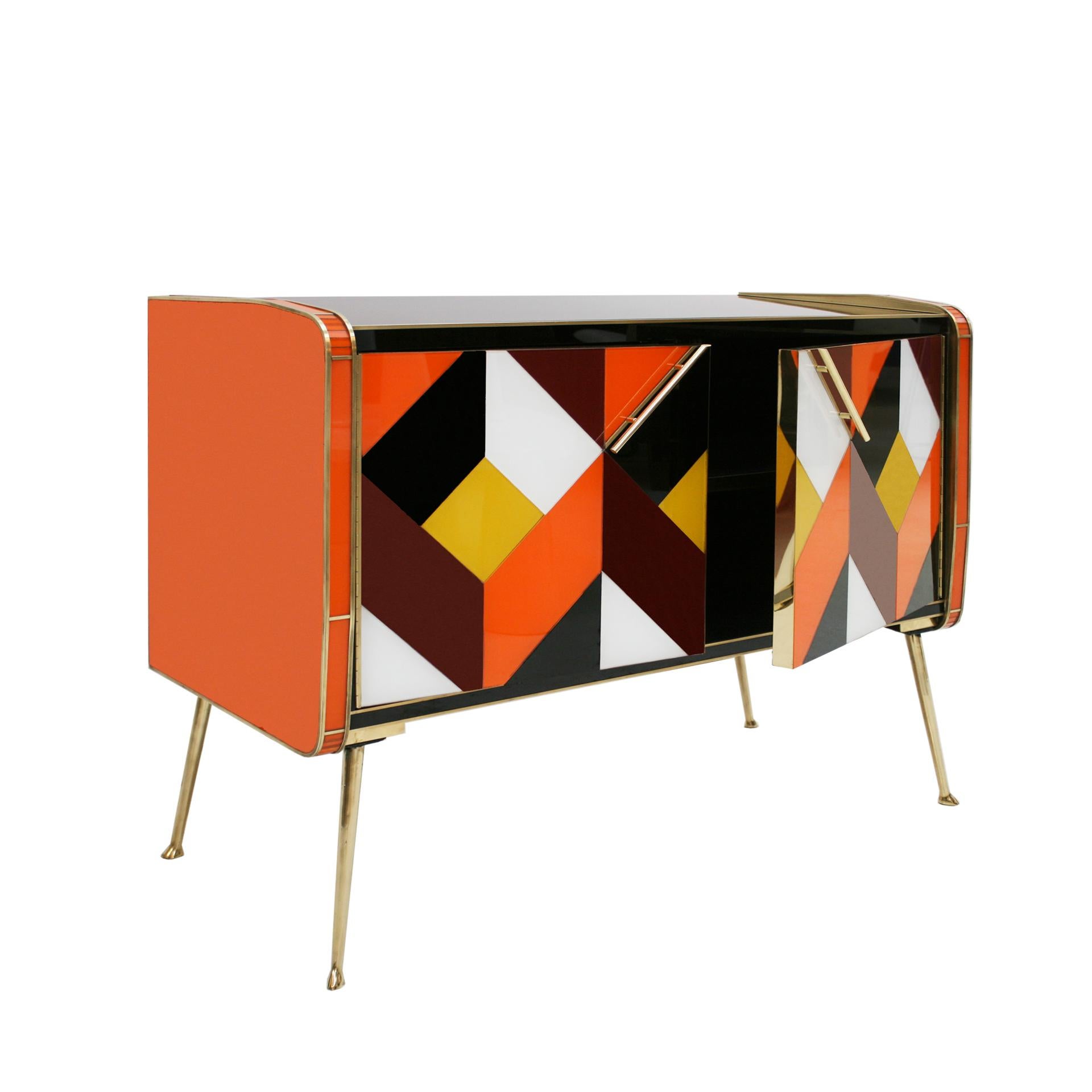 Mid-Century Modern Mid-Century Style Solid Wood Colored Glass and Brass Italian Sideboard For Sale