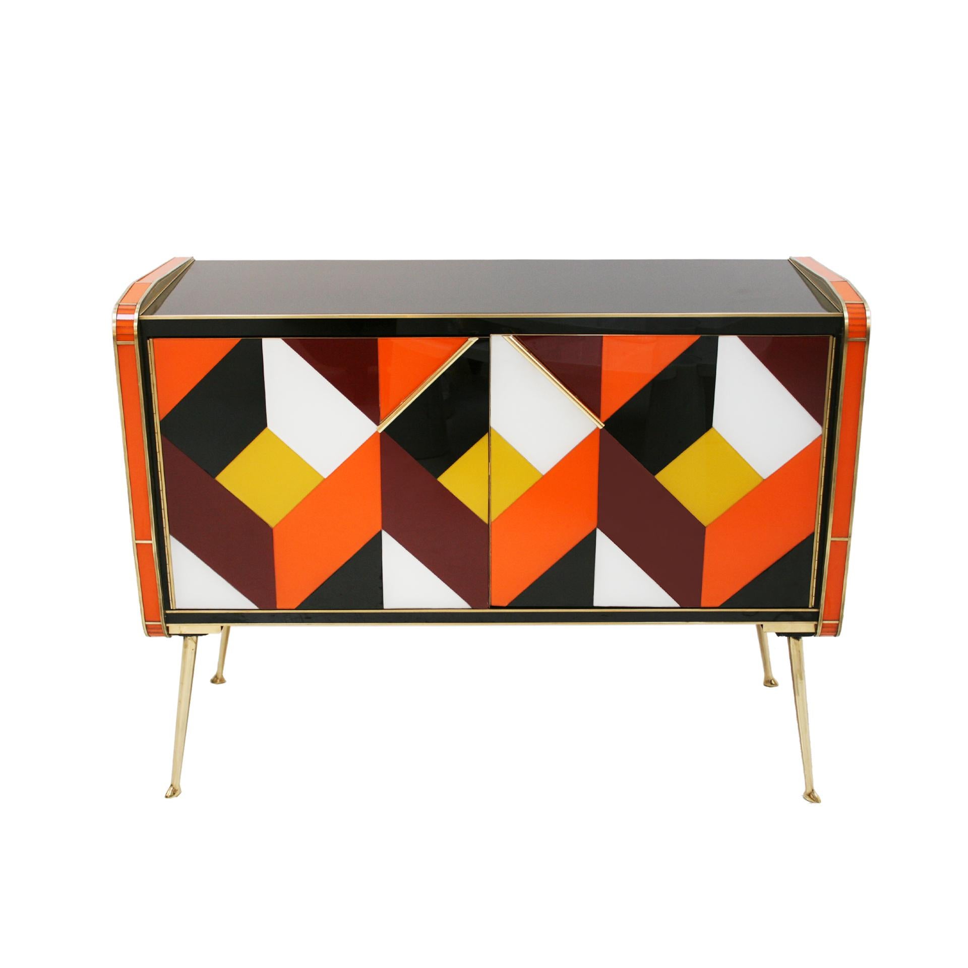 Mid-Century Style Solid Wood Colored Glass and Brass Italian Sideboard In Good Condition For Sale In Madrid, ES