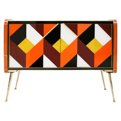 Mid-Century Style Solid Wood Colored Glass and Brass Italian Sideboard