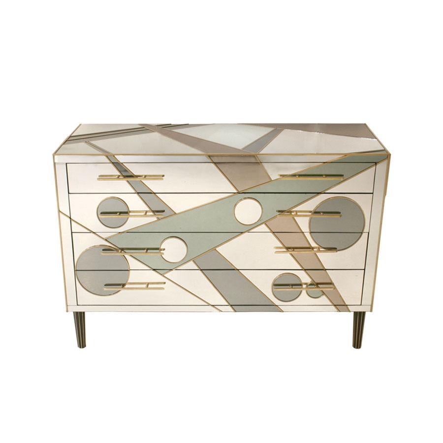Italian commode composed of 4 drawers. Original wood structure from 1950s covered with colored glass. Handles and profiles made of solid brass.
 