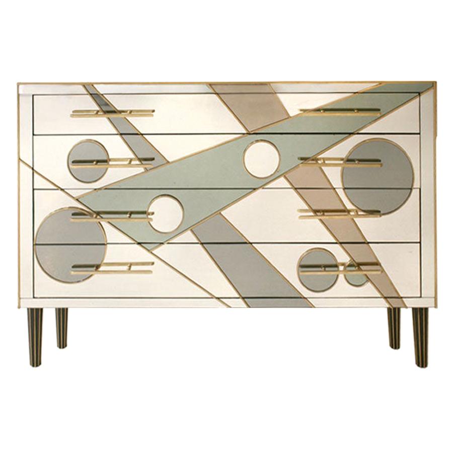 Midcentury Style Solid Wood Murano Glass and Brass Italian Commode For Sale