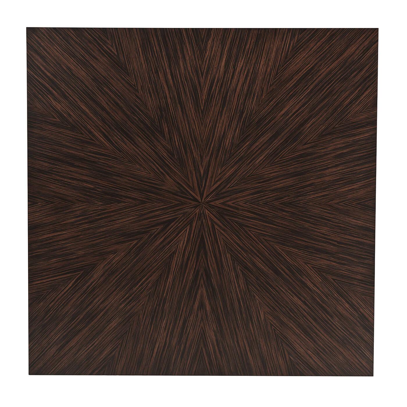 Midcentury style square dining table with simulated ebony veneered top on a cube form column pedestal base with an ebonized table edge.

Dimensions: 54