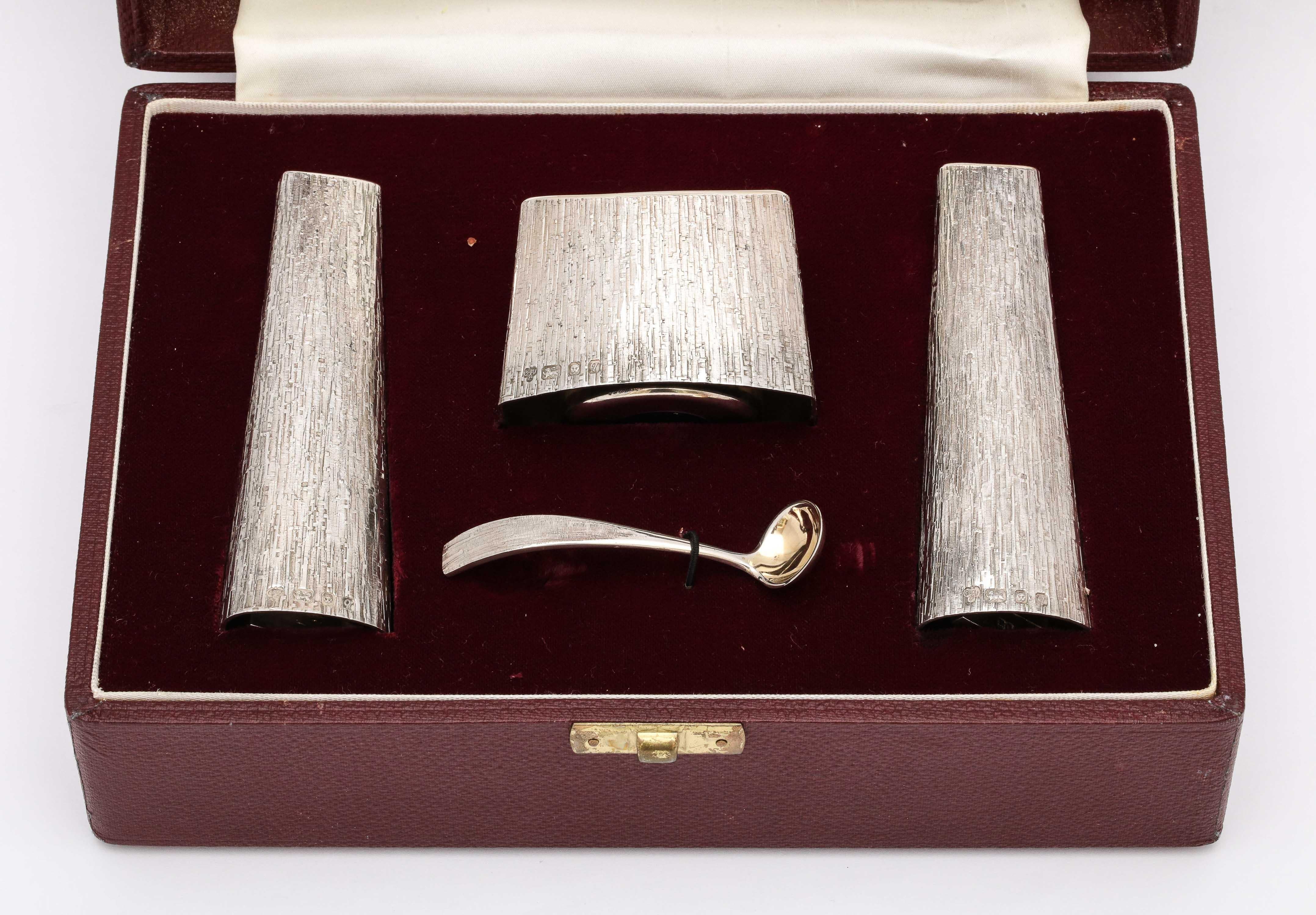 Late 20th Century Mid-Century Style Sterling Silver Condiments Set in Original Fitted Box, Asprey For Sale