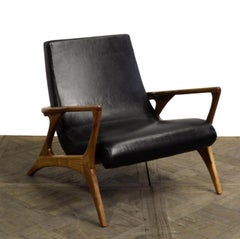 Mid-Century Style Teak pair of Leather Club Chair, Great Scale for Comfort.