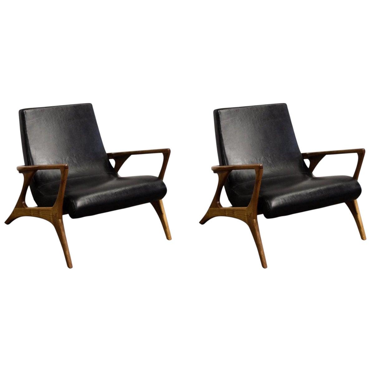 Mid-Century Style Teak pair of Leather Club Chair, Great Scale for Comfort.