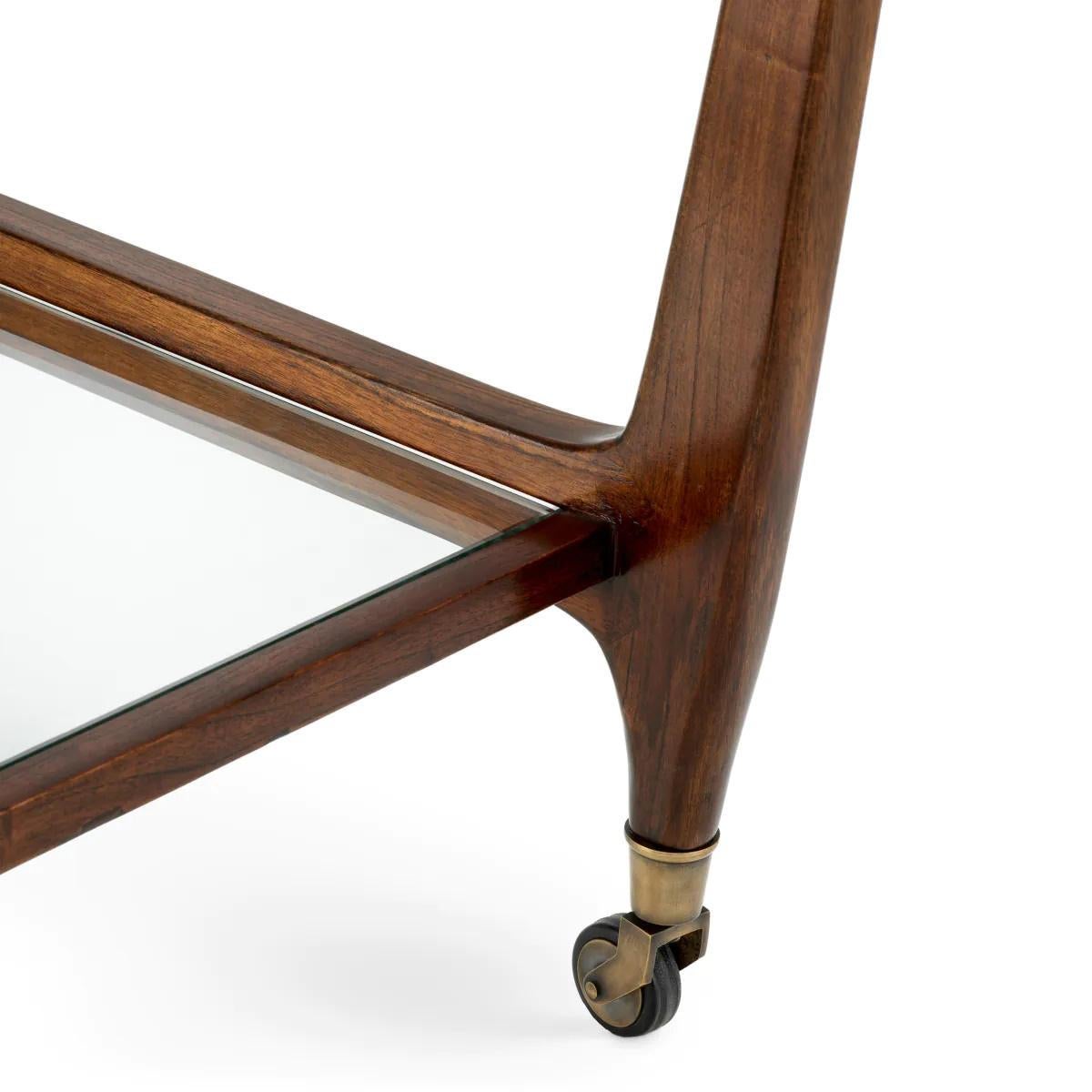 Contemporary Mid-Century Style Trolley, Refined, Classic Brown Finish, Transparent Glass. For Sale