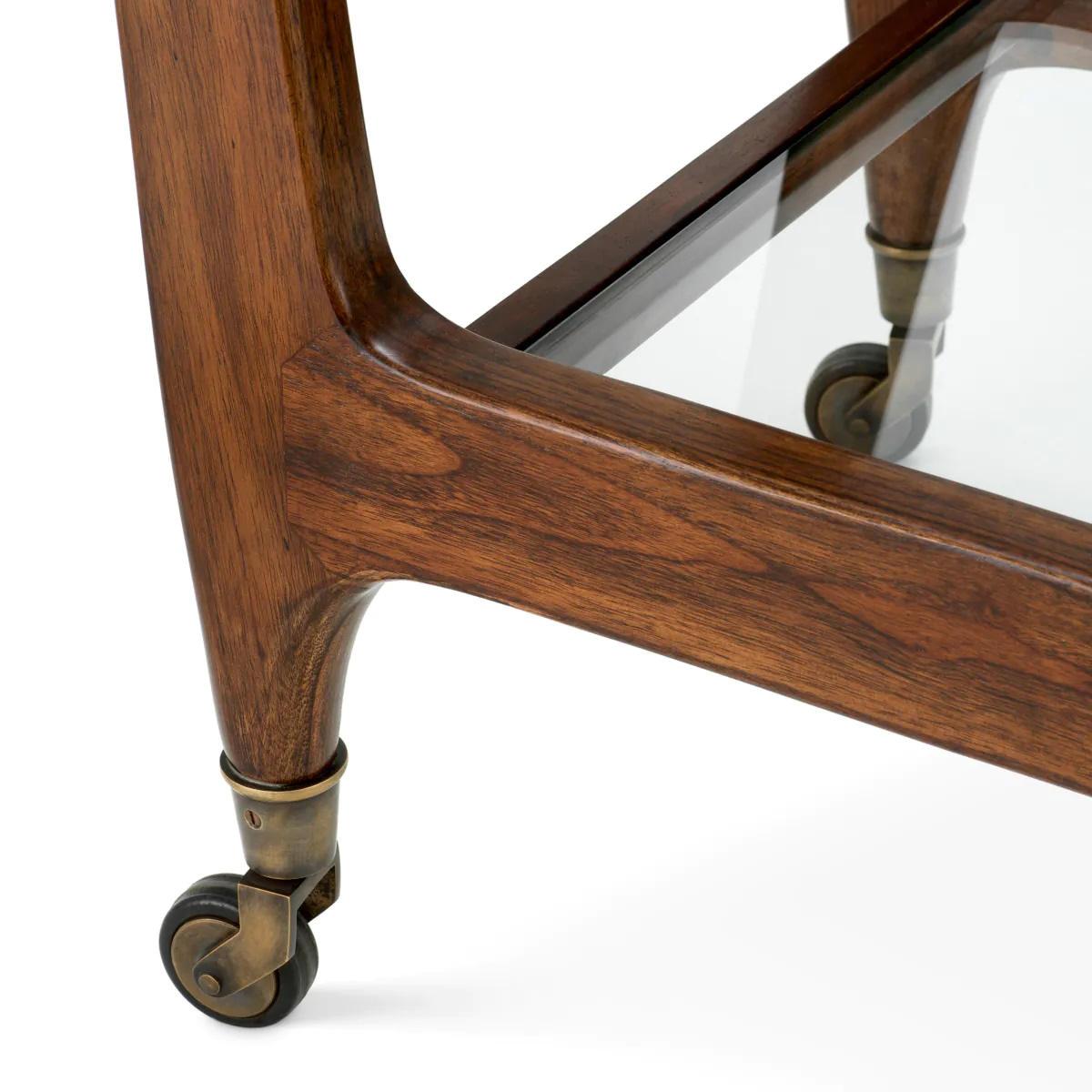 Mid-Century Style Trolley, Refined, Classic Brown Finish, Transparent Glass. For Sale 1