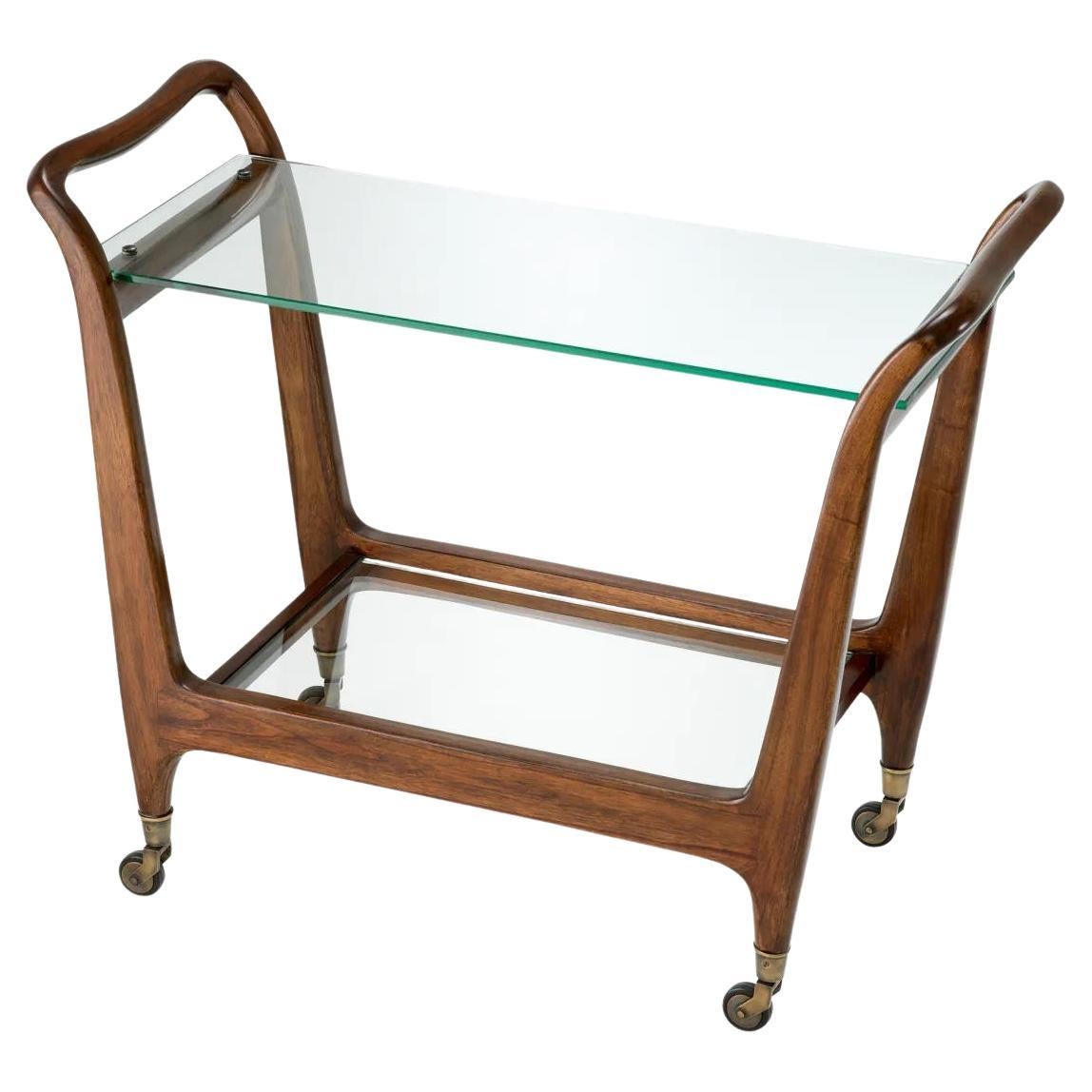 Mid-Century Style Trolley, Refined, Classic Brown Finish, Transparent Glass. For Sale