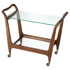 Mid-Century Style Trolley, Refined, Classic Brown Finish, Transparent Glass.
