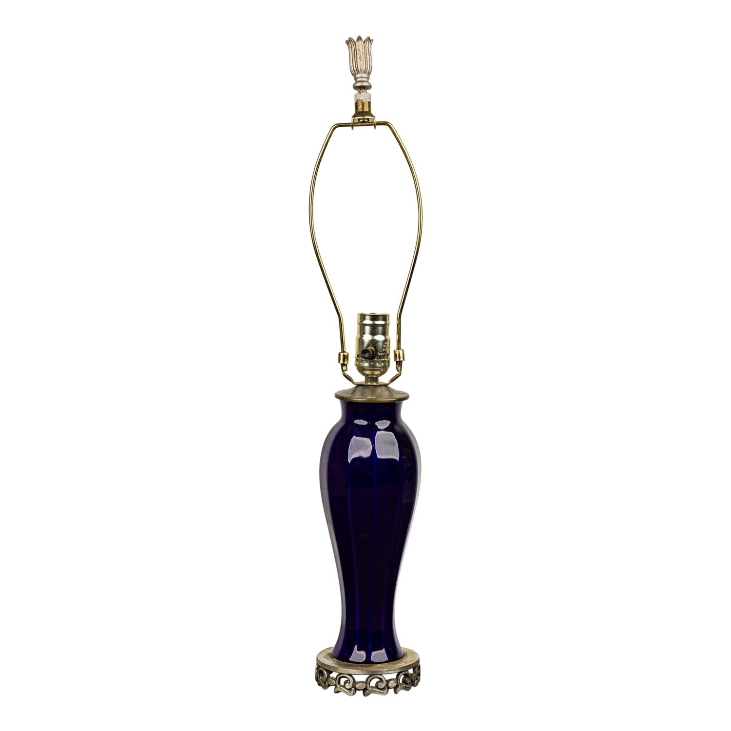 Mid-Century-Style Ultramarine Blue Glass and Brass Table Lamp