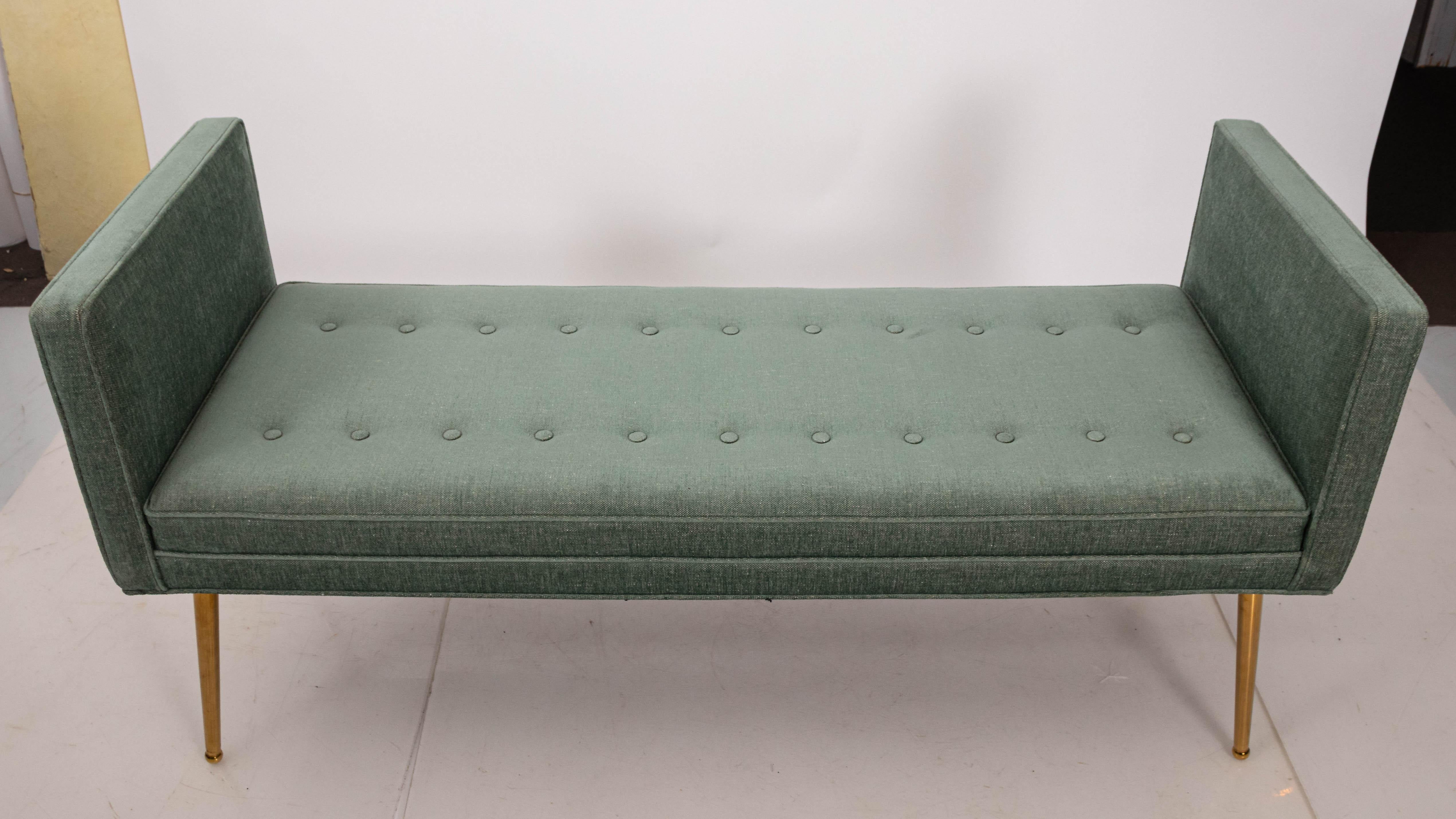 Contemporary Midcentury Style Upholstered Armed Bench For Sale