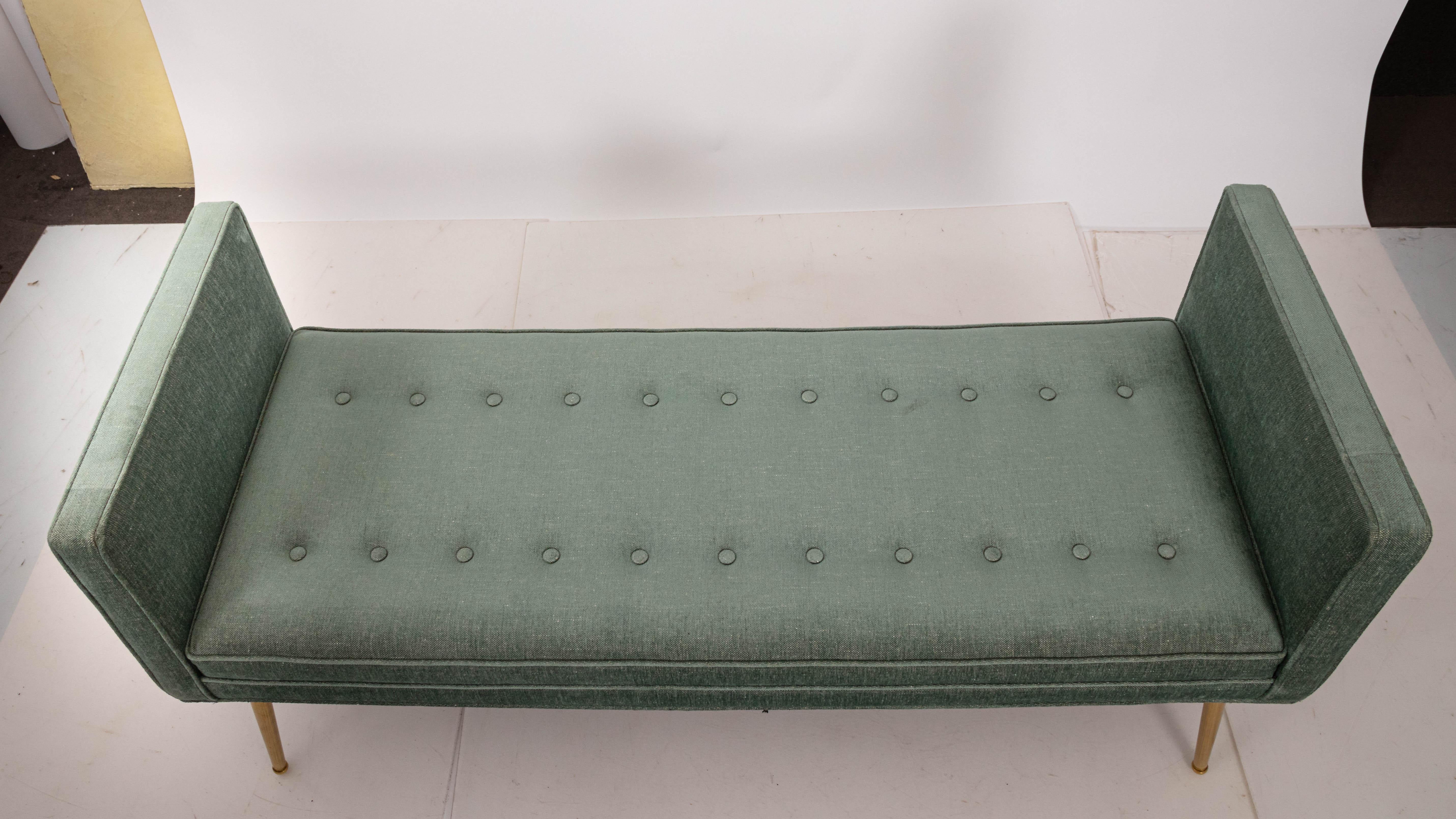 Brass Midcentury Style Upholstered Armed Bench For Sale