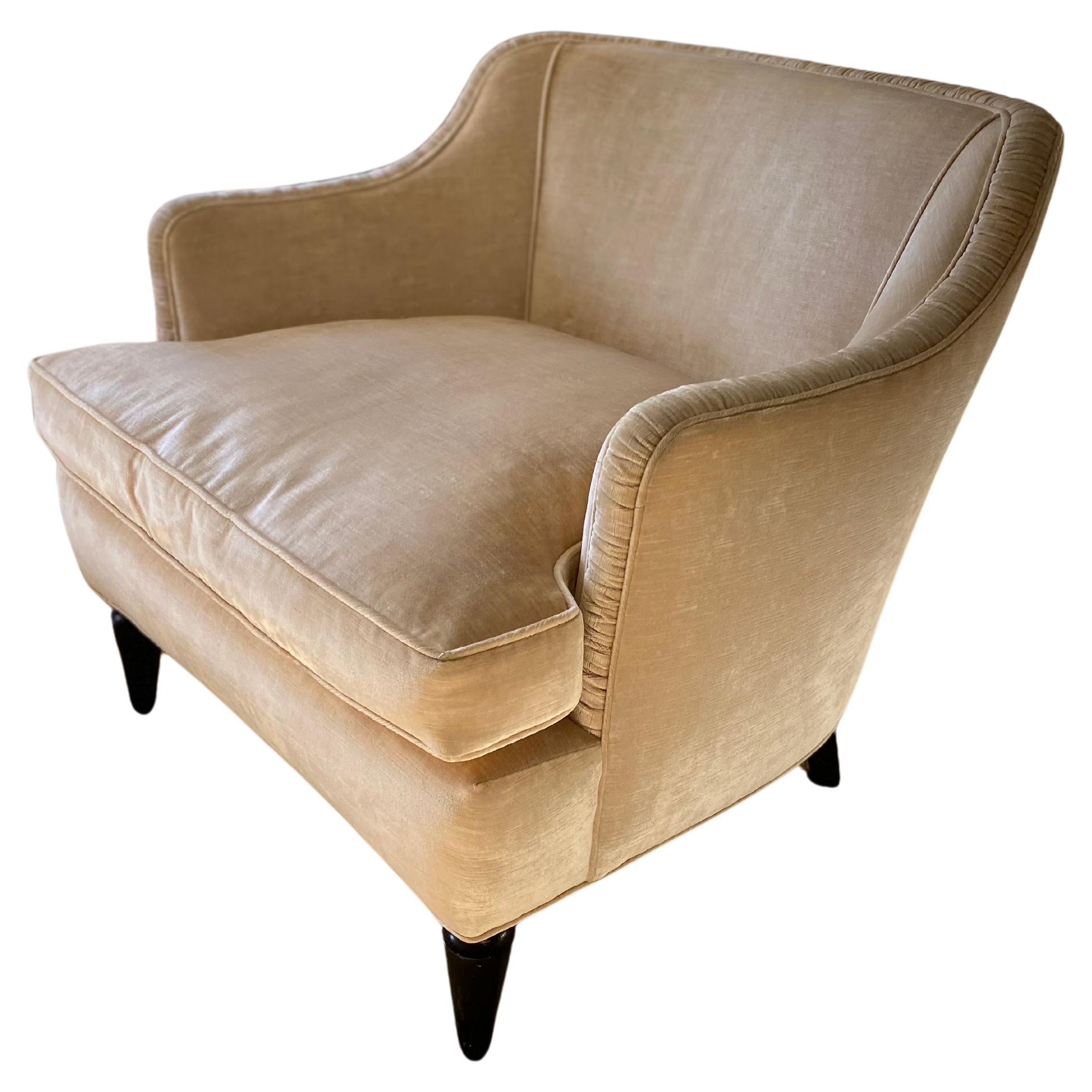 Mid-Century Style Velvet Upholstered Armchair with Black Painted Legs For Sale