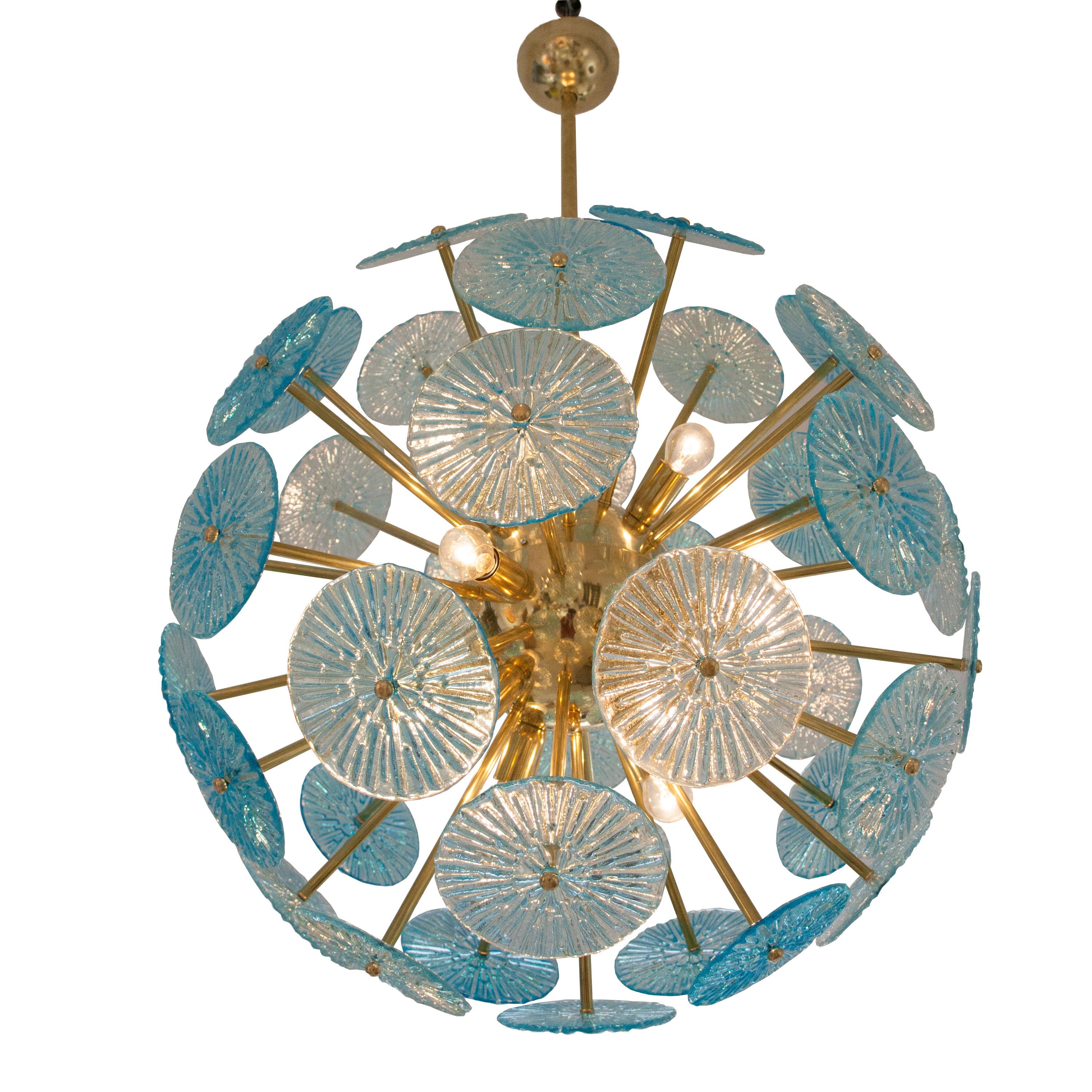 Mid-century style ceiling lamp made of reused Venini blue Murano glass pieces from the 1970's attached to a new brass structure with 12 light points.