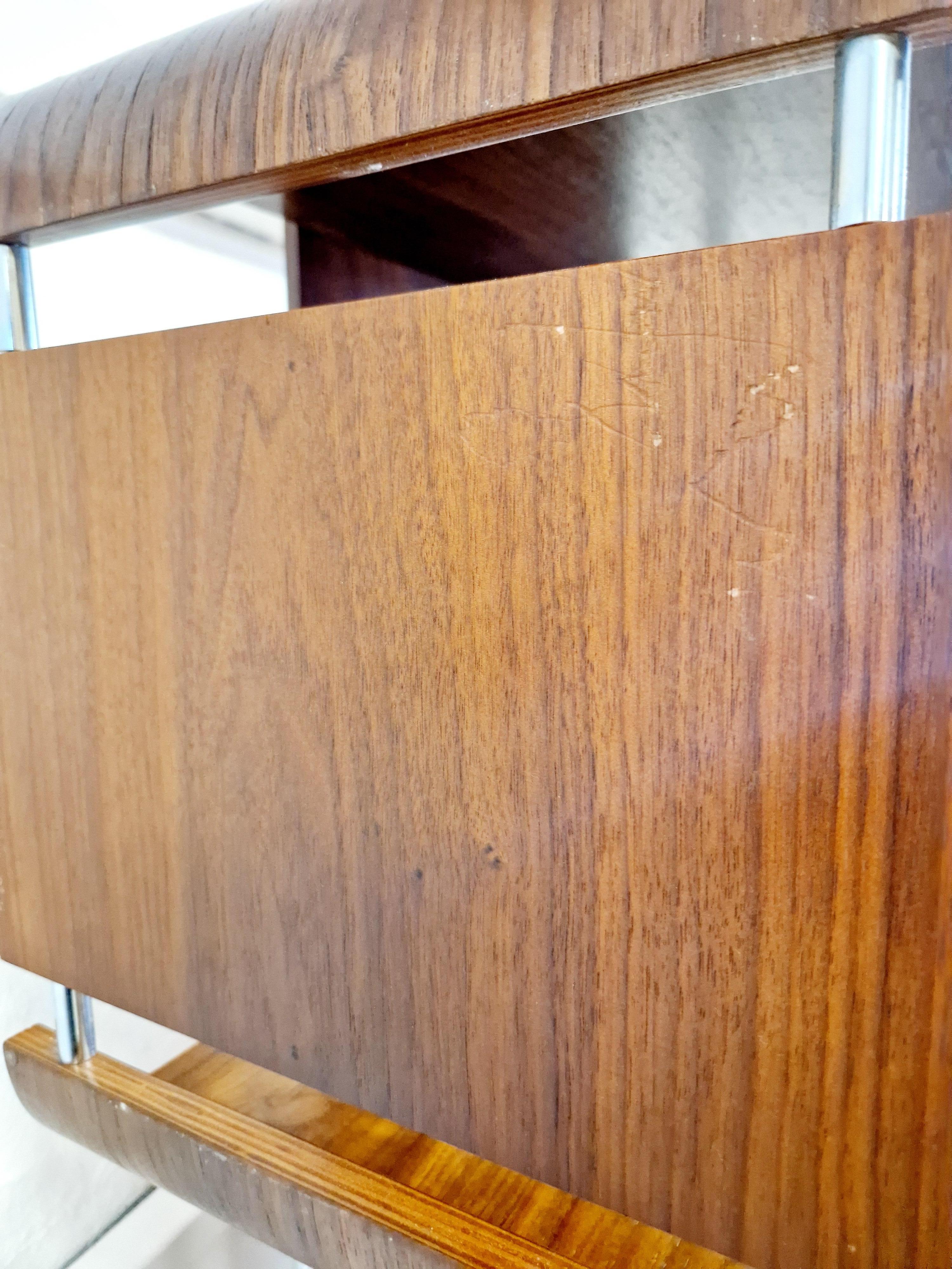 Chrome Mid Century Style Walnut Shelving Unit For Sale