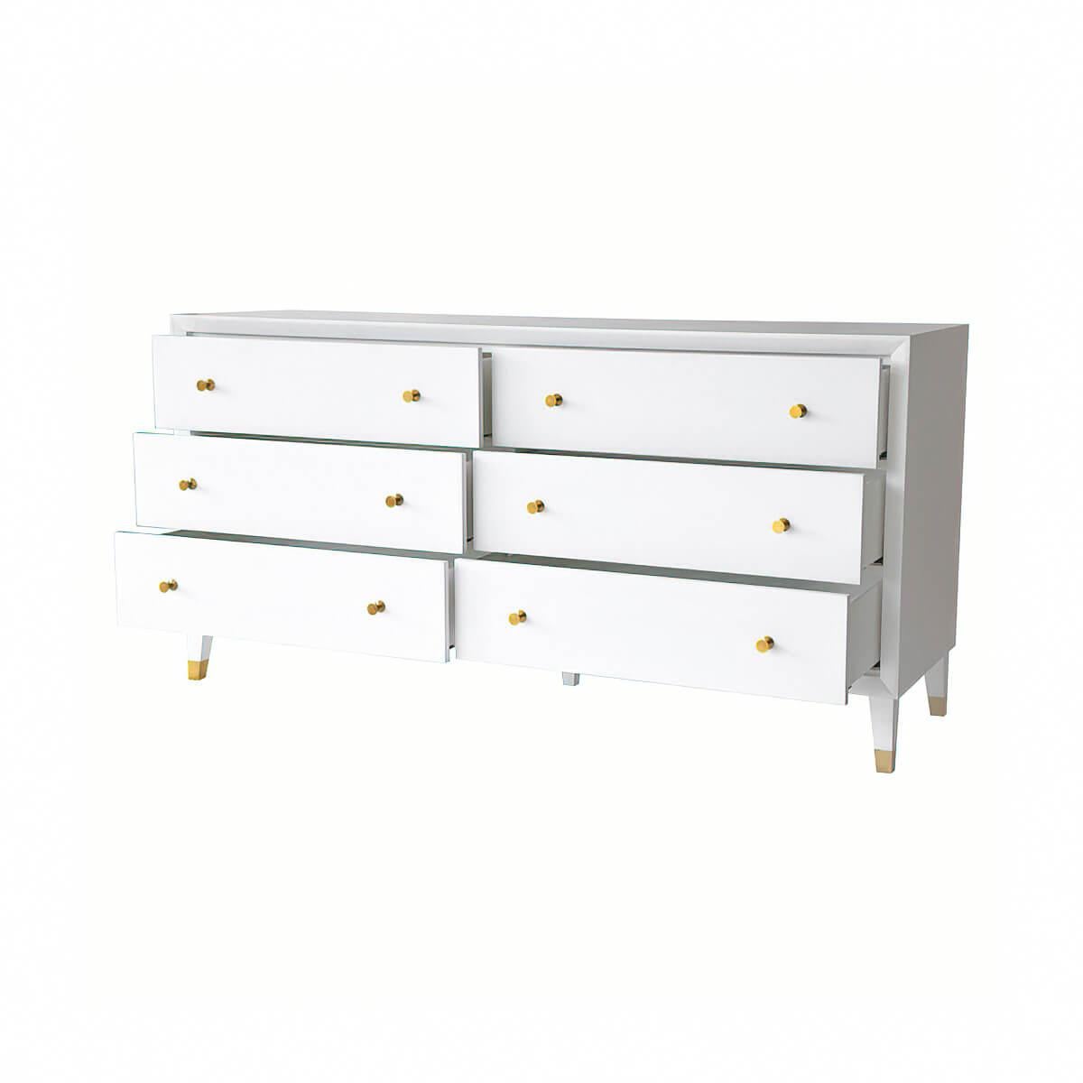 Mid Century style white dresser, with six drawers, beveled trim, hand cast polished brass hardware with our 'ghost' white lacquered satin finish.

Dimensions: 68
