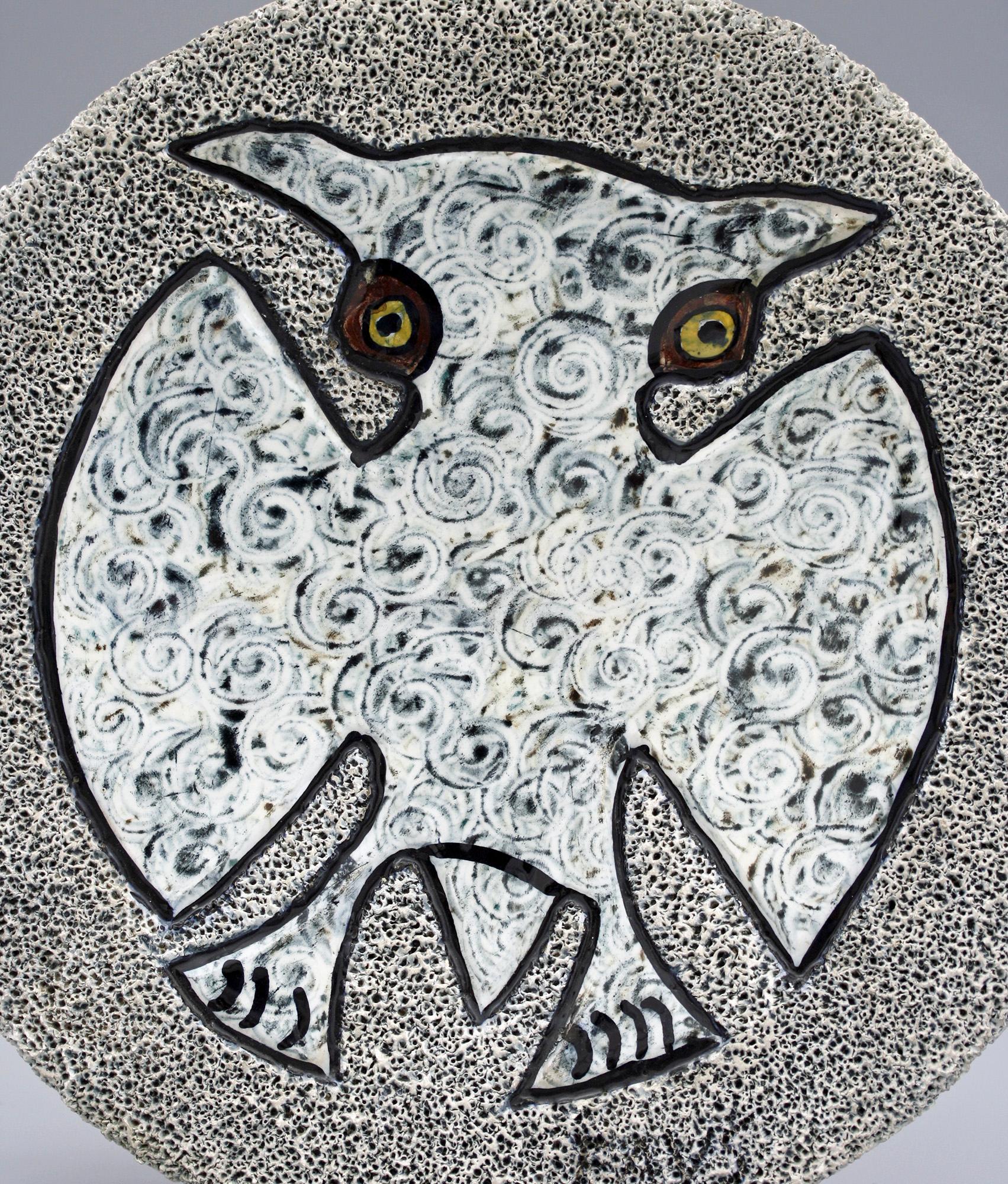 Hand-Crafted Midcentury Stylized Owl Pottery Lava Glazed Wall Plaque Signed FAVS