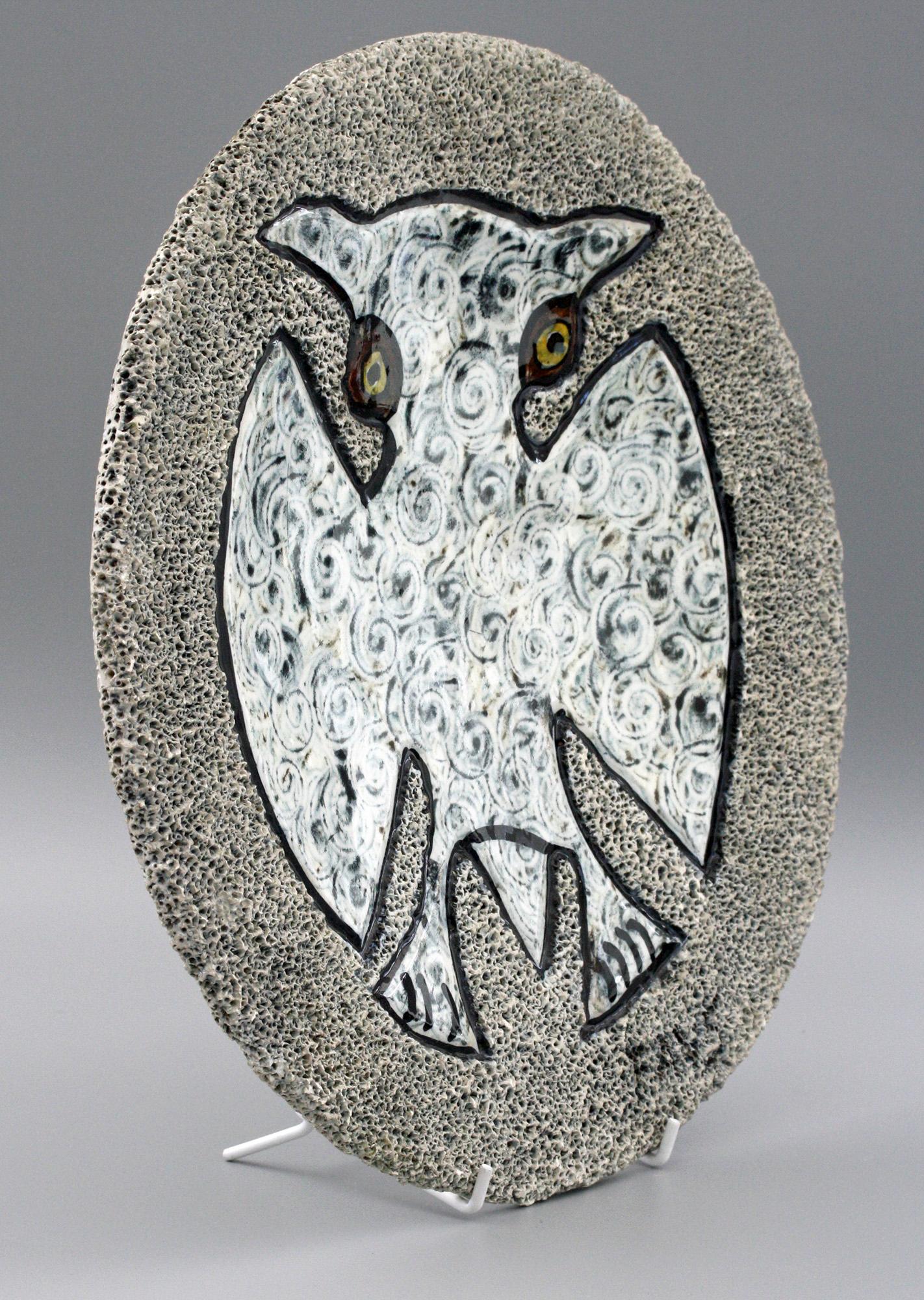 Midcentury Stylized Owl Pottery Lava Glazed Wall Plaque Signed FAVS 1