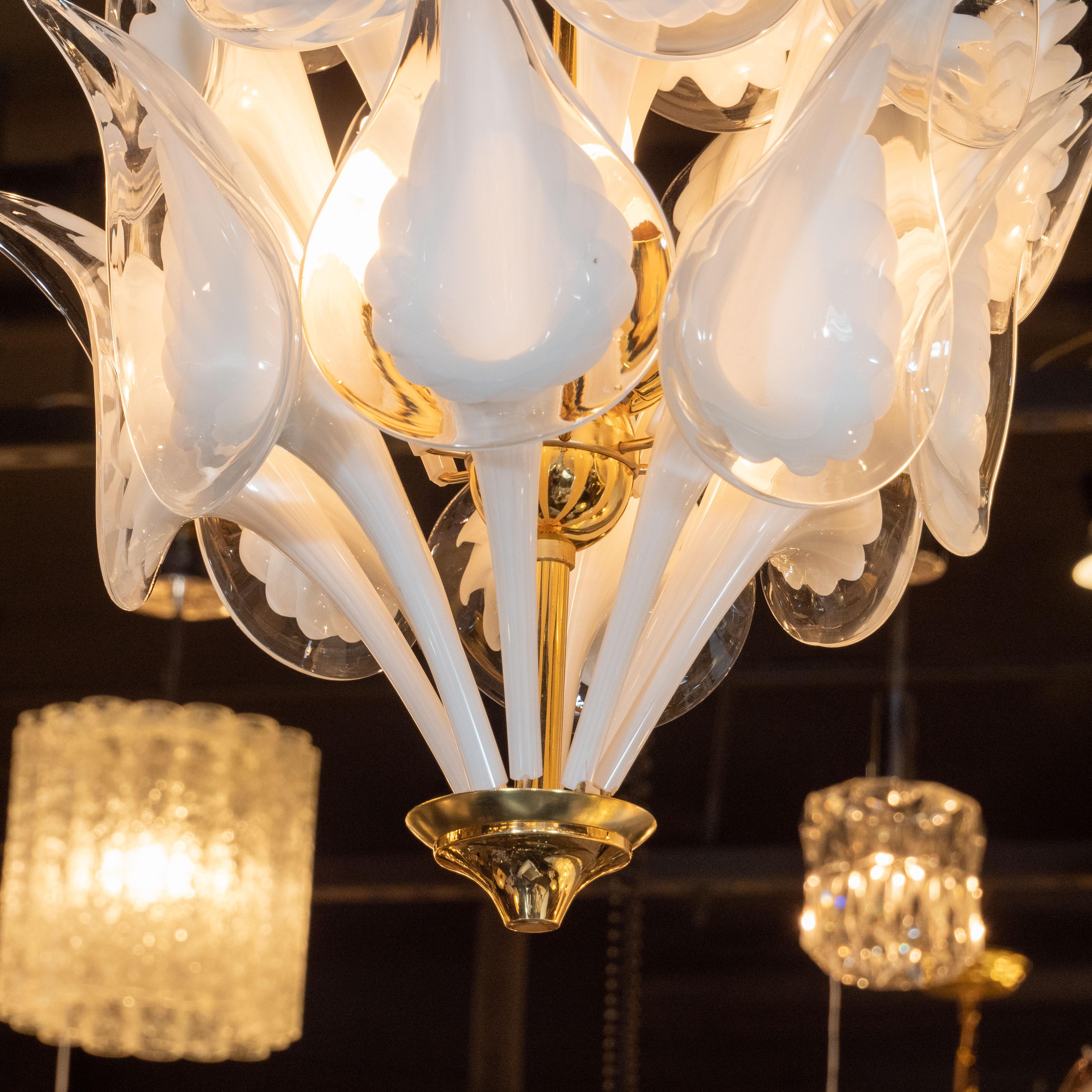 Midcentury Stylized Cala Lily Chandelier in Brass and Hand Blown Murano Glass 5