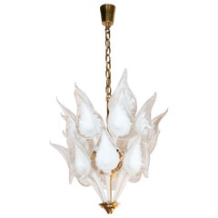 Midcentury Stylized Cala Lily Chandelier in Brass and Hand Blown Murano Glass