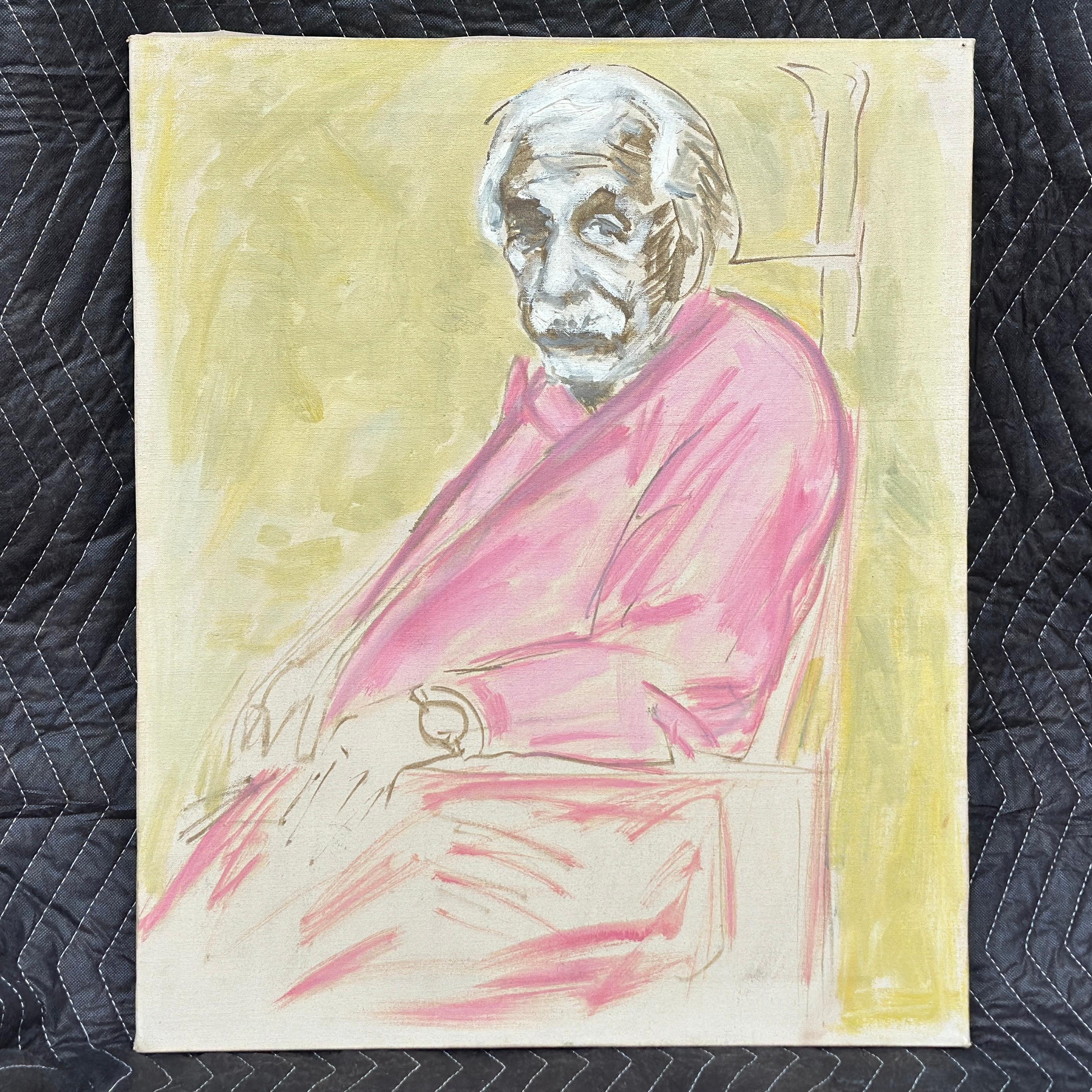 Sehr schönes originales Vintage-Gemälde von Albert Einstein in Rosa mit hellgrünem Hintergrund - scheint nirgends signiert zu sein. 
