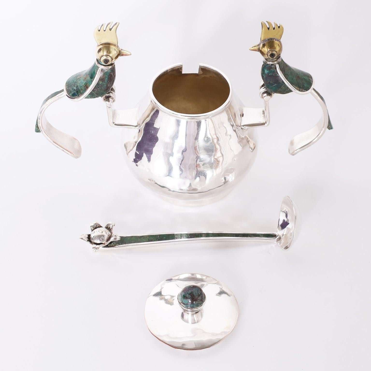 Hand-Crafted Mid-Century Sugar Bowl and Spoon with Birds by Los Castillo