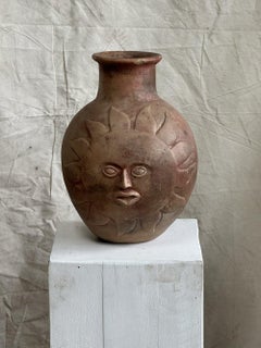 Mid-Century Modern Sun & Moon Figural Ceramic Vase with Sculpted Face