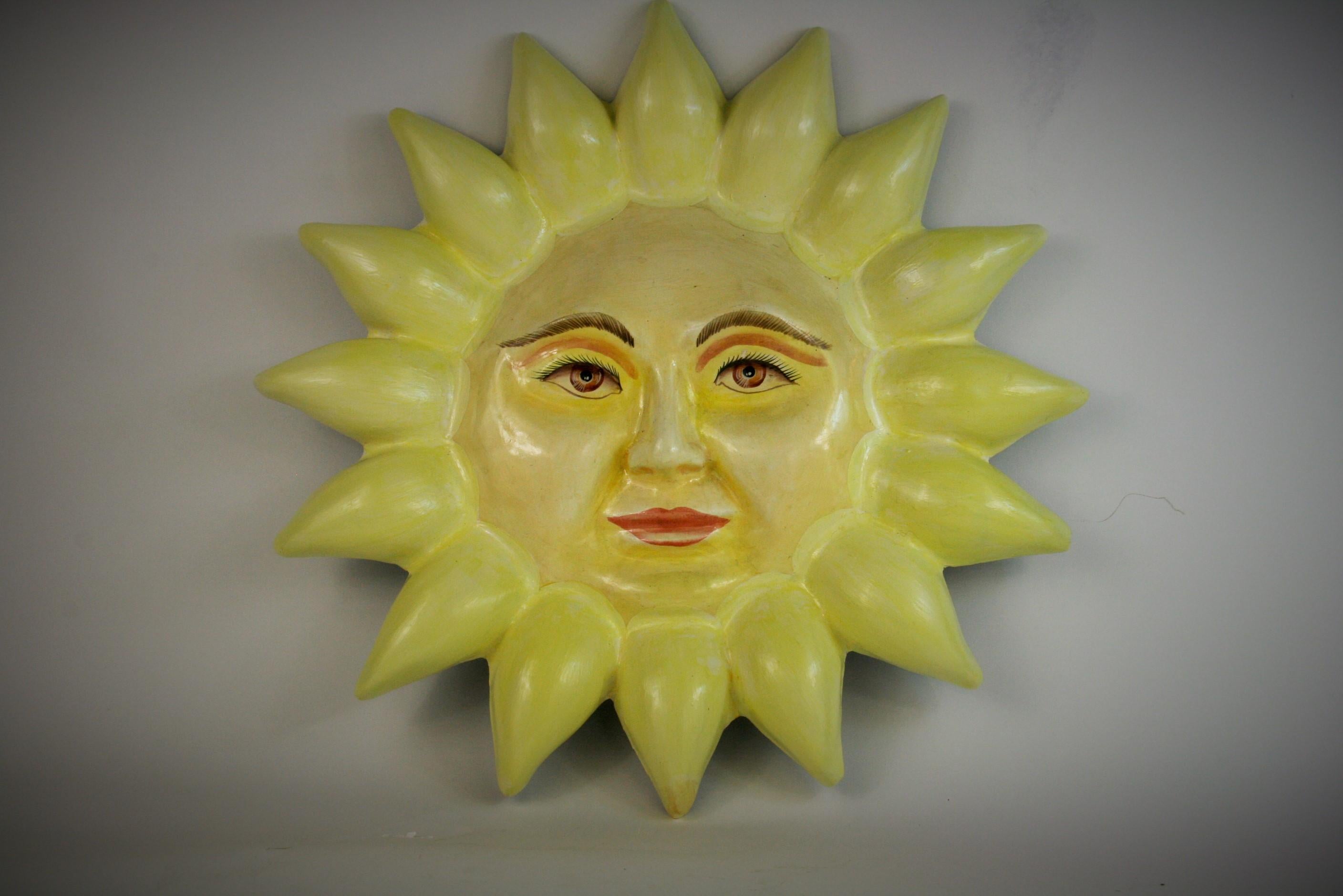 Hand painted papier mâché sun wall sculpture from the work shop of Sergio Bustamante.