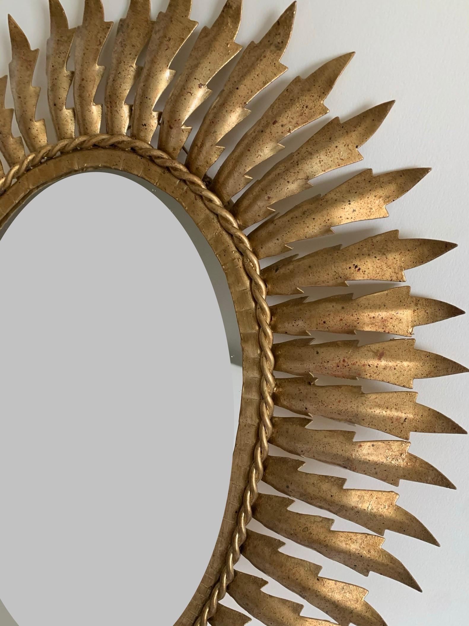 Italian Midcentury Sunburst Gilt Metal Oval Mirror