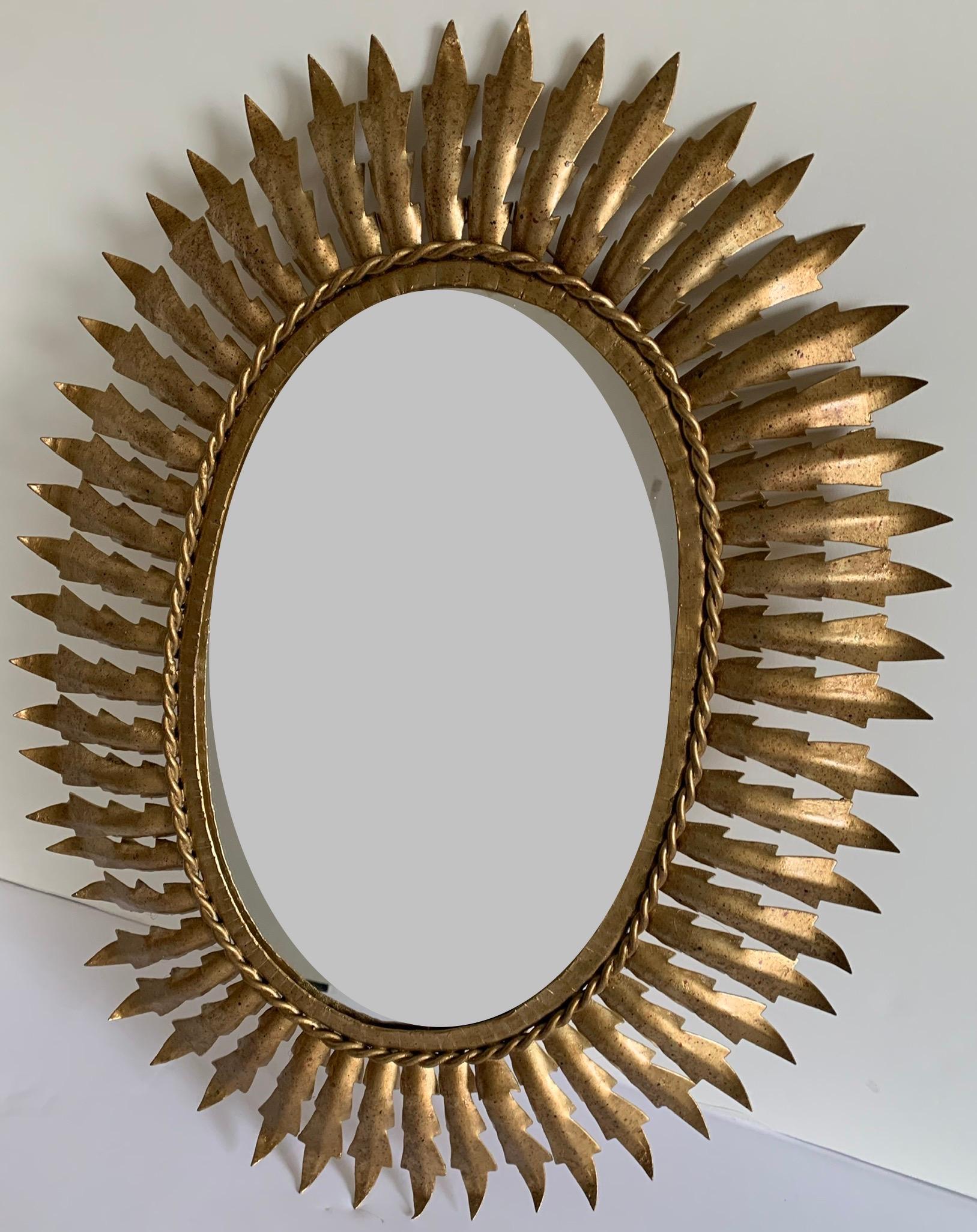20th Century Midcentury Sunburst Gilt Metal Oval Mirror