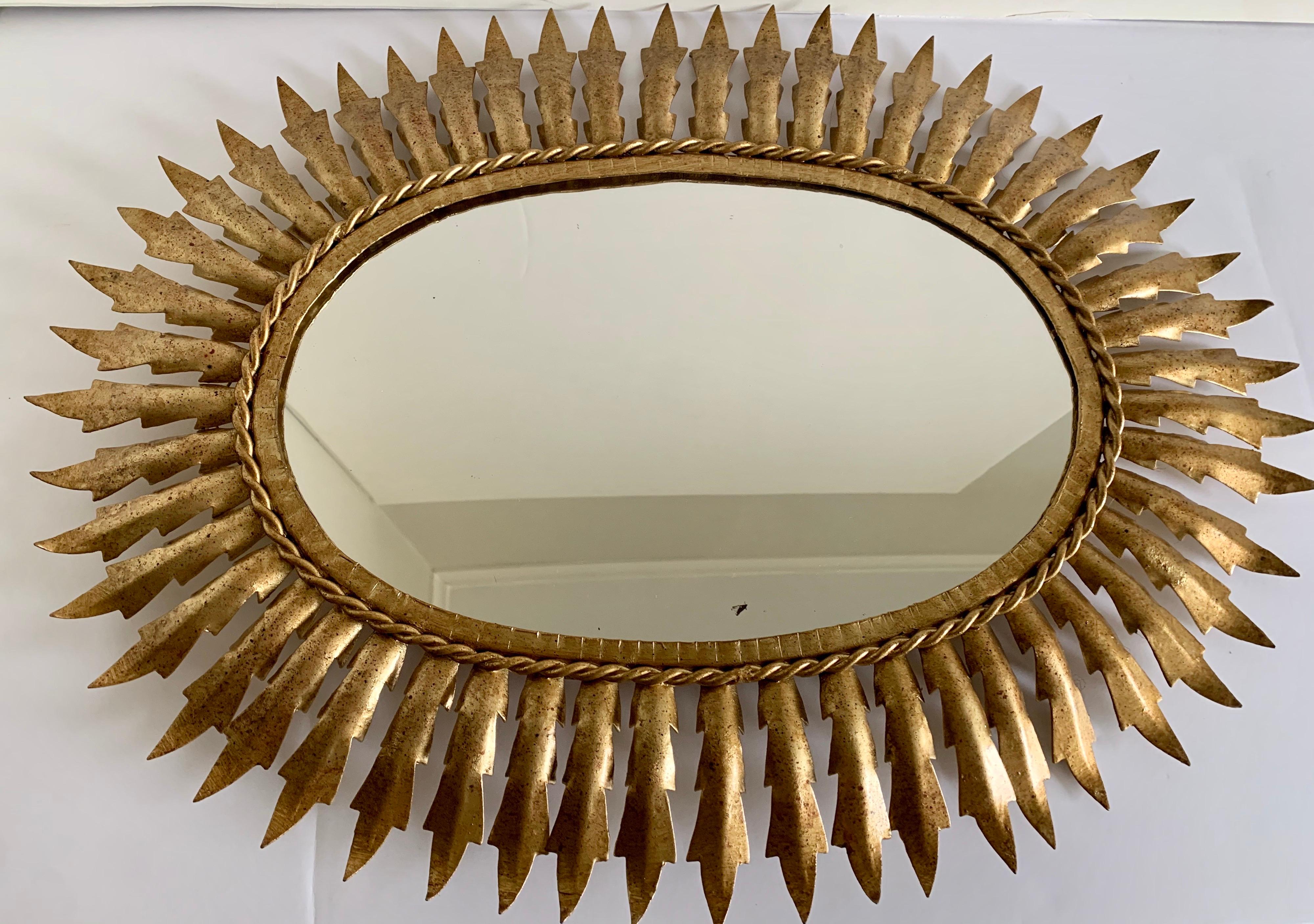 Midcentury Sunburst Gilt Metal Oval Mirror 2